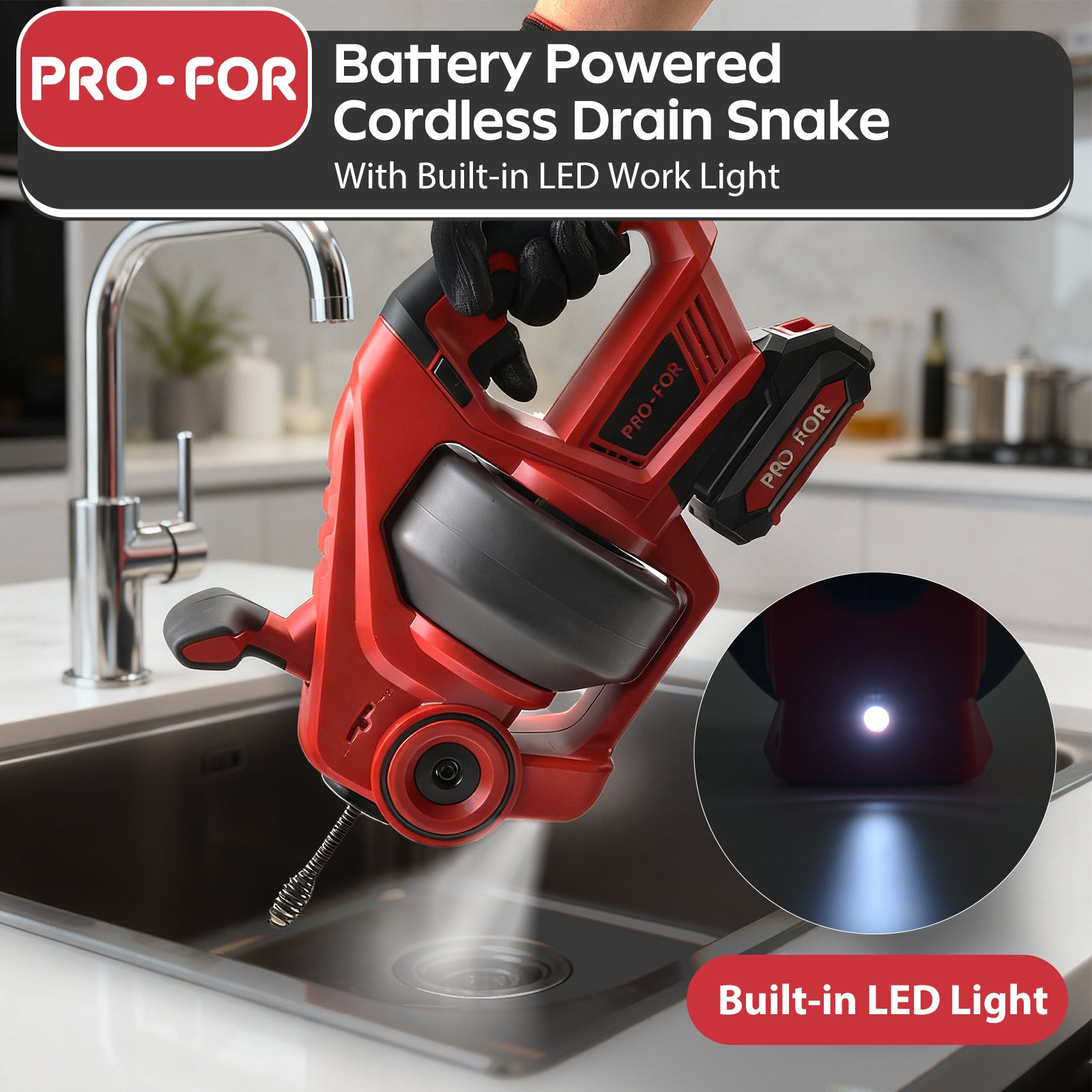20V Drain Cleaner A103-CDC501-18 Cordless Electric Drain Auger, 25Ft Auto-Feed Drain Snake, Replaceable Cable, 2.0Ah Battery &amp; Charger, LED Light, Clog Remover for Sink, Shower, Kitchen, Bathroom Pipes (3/4"-2")