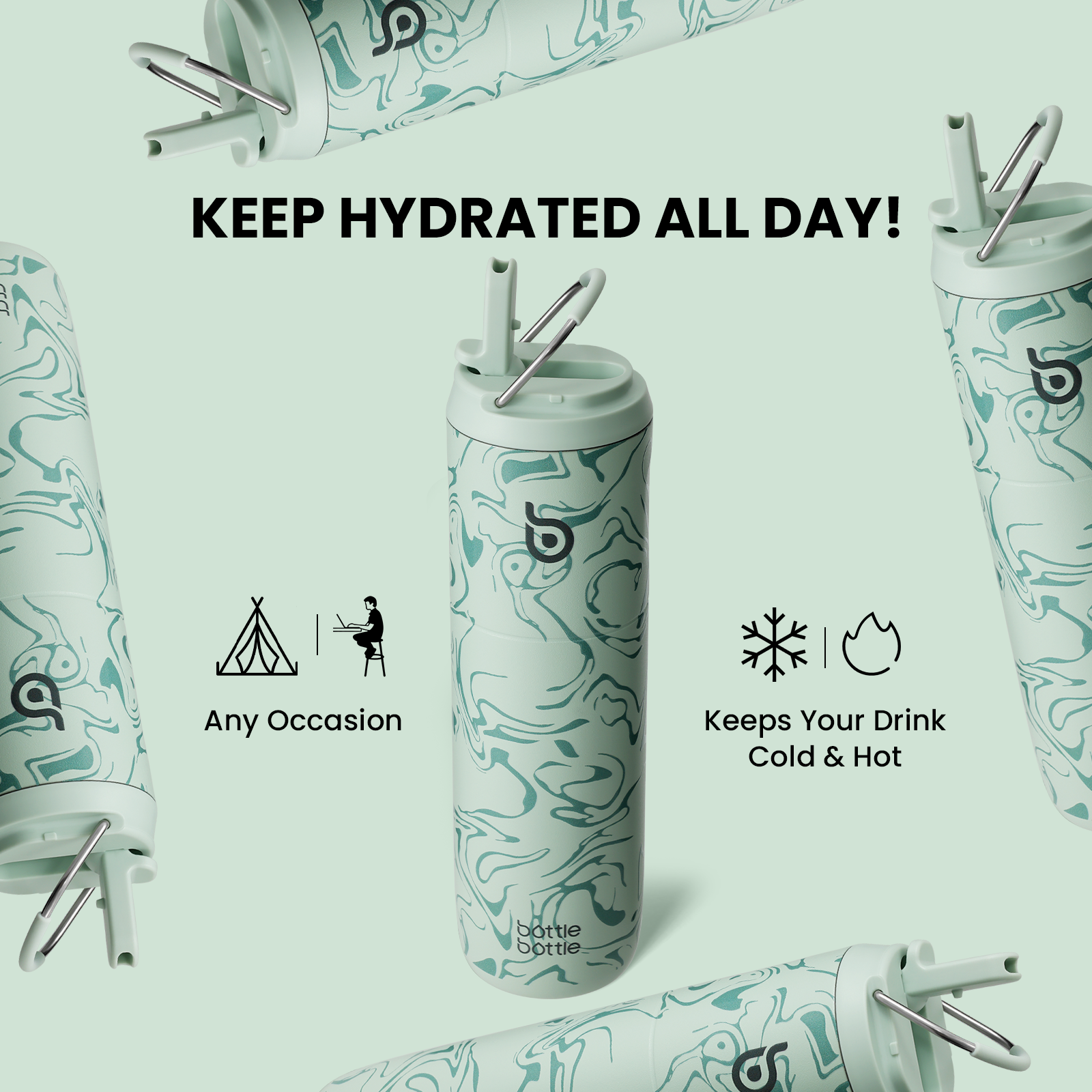 Insulated Water Bottle 24oz with Straw Lid and Handle for Sports Travel Gym Stainless Steel Water Bottles Double-Wall Vacuum Metal Leak Proof BPA-Free
