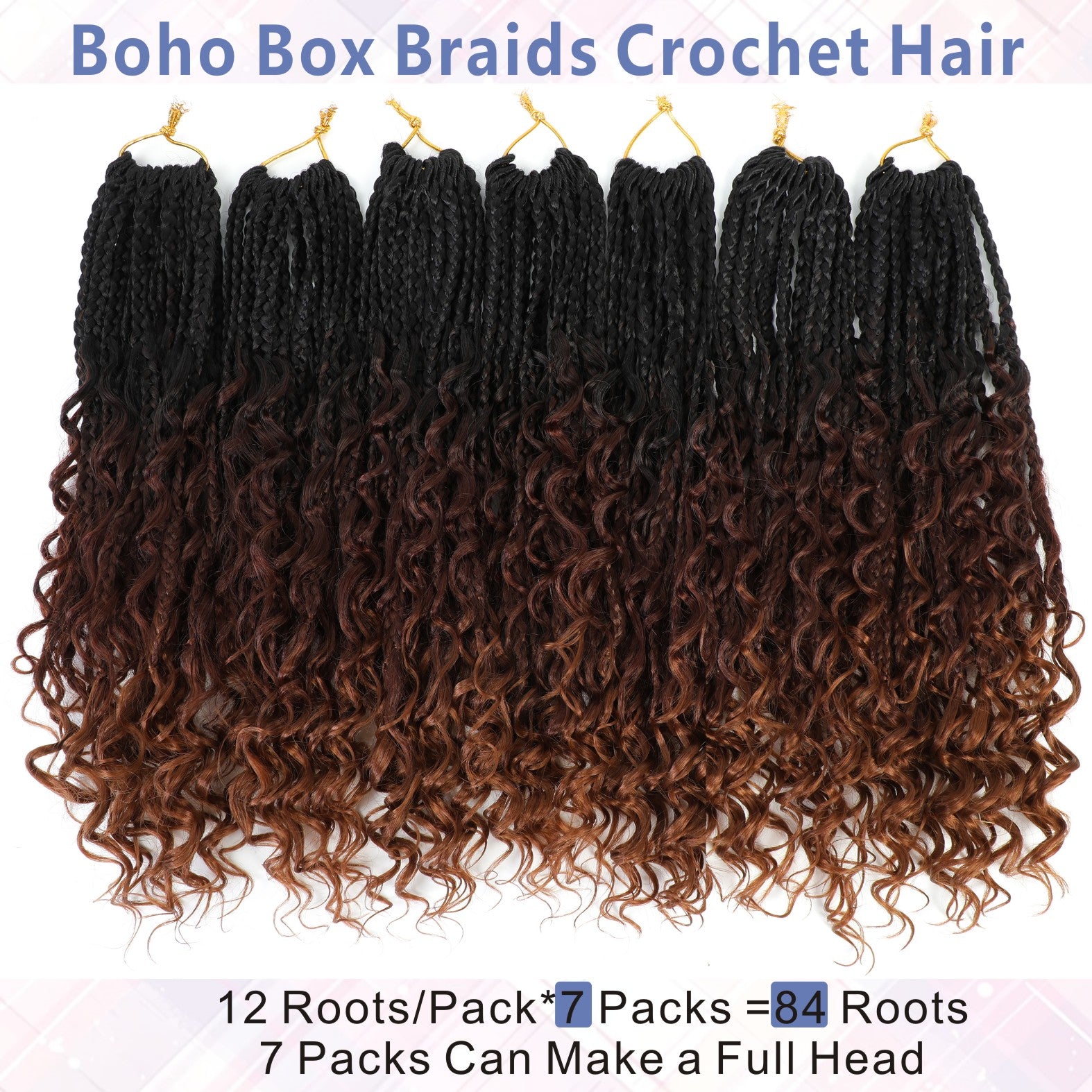12/14 Inch Boho Box Braids 8 Pack Goddess Box Braids Bohemian Box Braids Crochet Hair Crochet Box Braids With Curly Ends For Women Black Burgundy Color