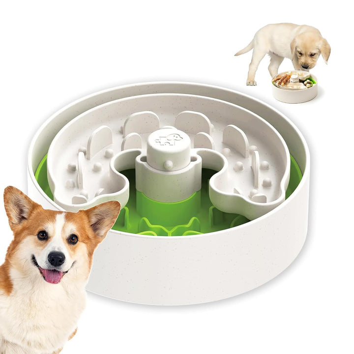 Slow Feeder Dog Bowl for Puppies with Non-Slip Base - Adjustable Speed Design, Removable Puzzle Inserts & Dishwasher Safe, Green