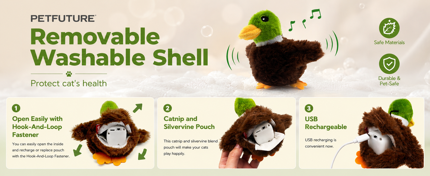 PETFUTURE Flapping Cat Toy, Motion Activated Duck with Catnip, 3 Modes & USB Rechargeable, Machine Washable Interactive Toy for Indoor Cats