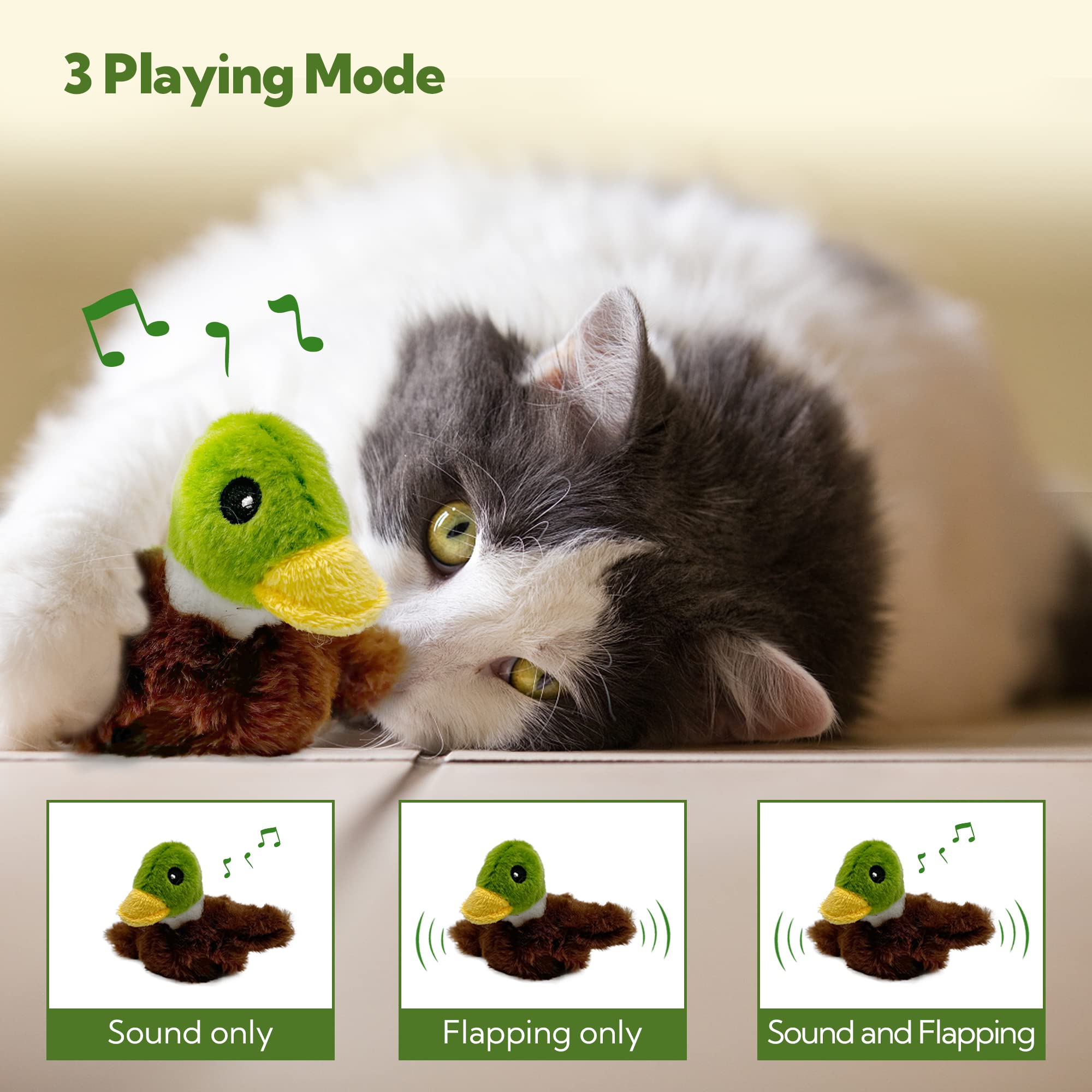 PETFUTURE Flapping Cat Toy, Motion Activated Duck with Catnip, 3 Modes & USB Rechargeable, Machine Washable Interactive Toy for Indoor Cats