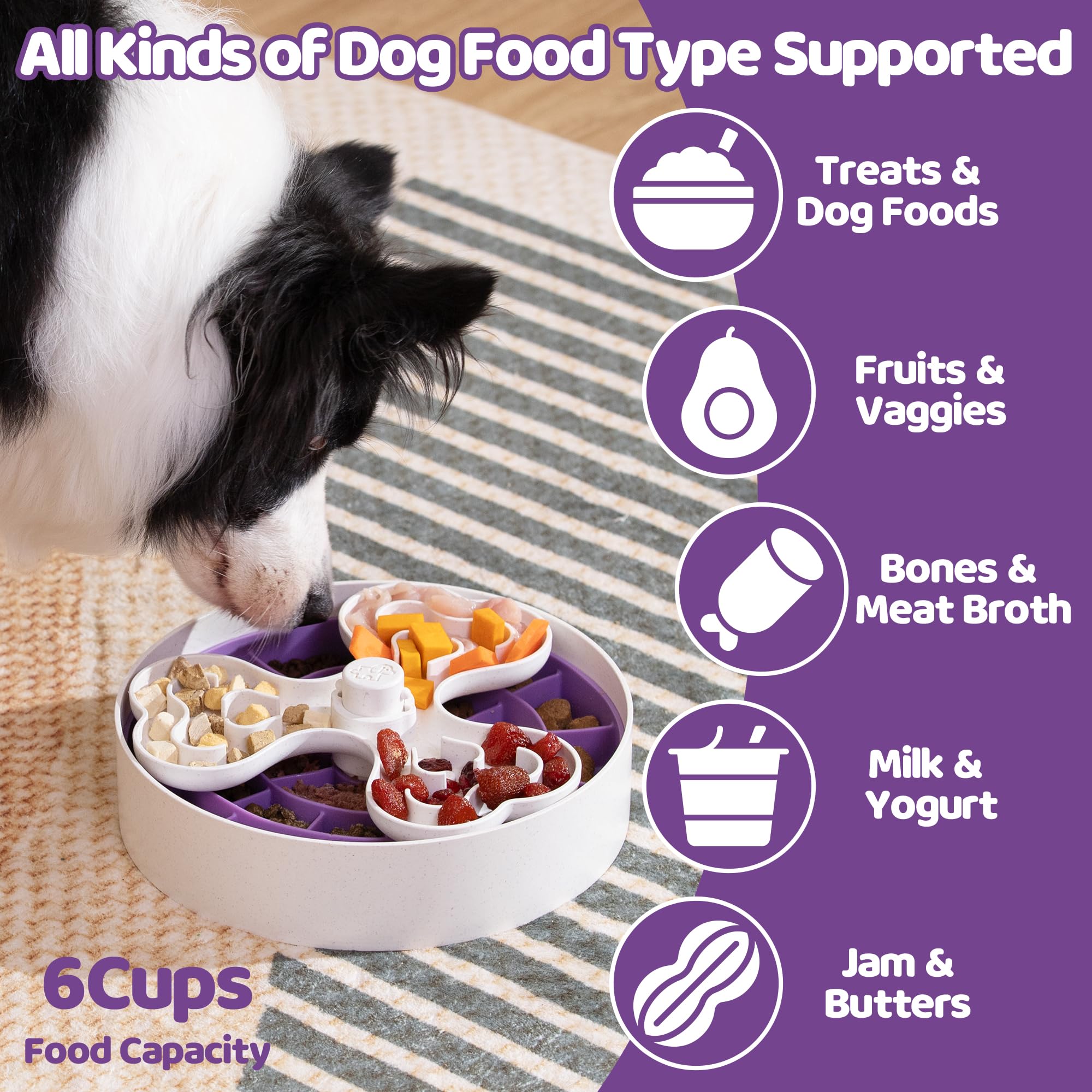 Slow Feeder Dog Bowl for Large Dogs with Non-Slip Base - Adjustable Speed Design, Removable Puzzle Inserts & Dishwasher Safe, Purple