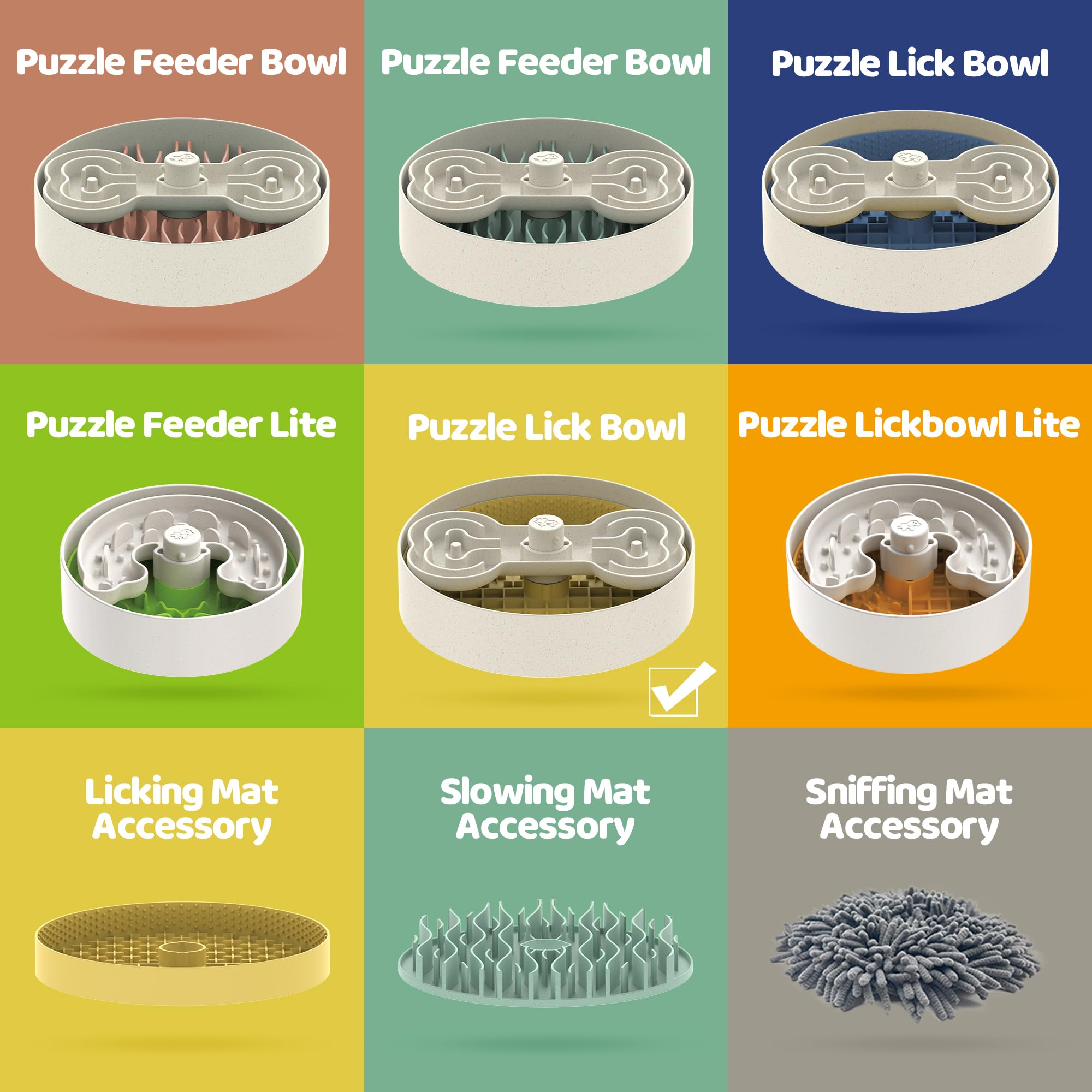 Slow Feeder Dog Bowl with Lick Mat and Puzzle Inserts - Non-Slip Base, Adjustable Speed Design, Dishwasher Safe for Large Dogs,Yellow