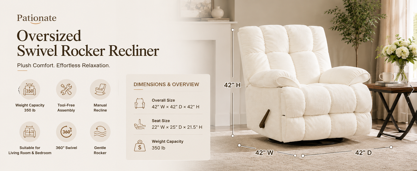 Oversized Recliner Chair, Overstuffed Swivel Rocker with Extra Wide Seat & Breathable Fabric for Living Room (Manual, Brown)