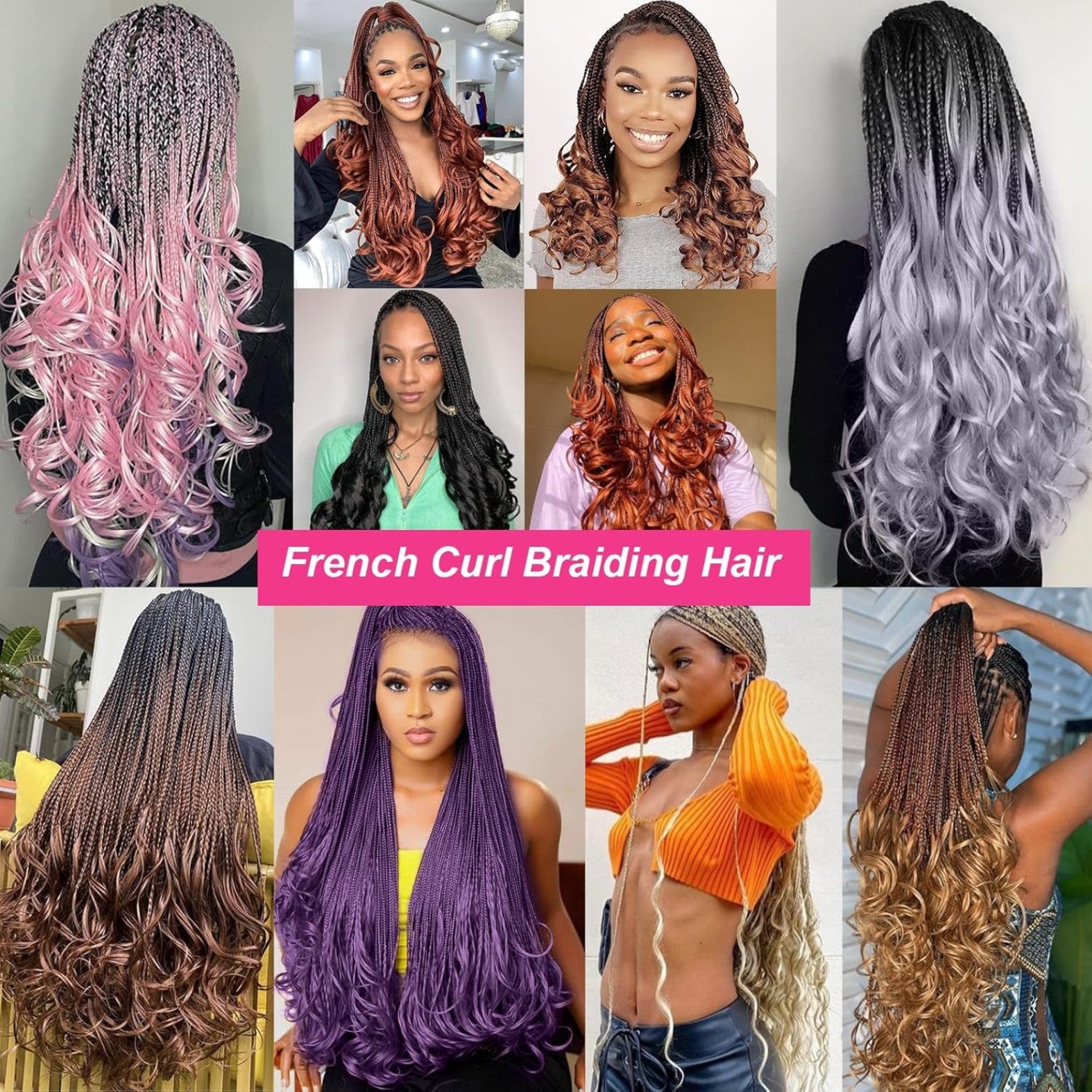 French Curly Braiding Hair 14/16 Inch 6 Packs Pre Stretched Braiding Hair EZ Braids Crochet Hair Ombre Brown Synthetic Bouncy Loose Curly Braiding Hair Extensions for Women