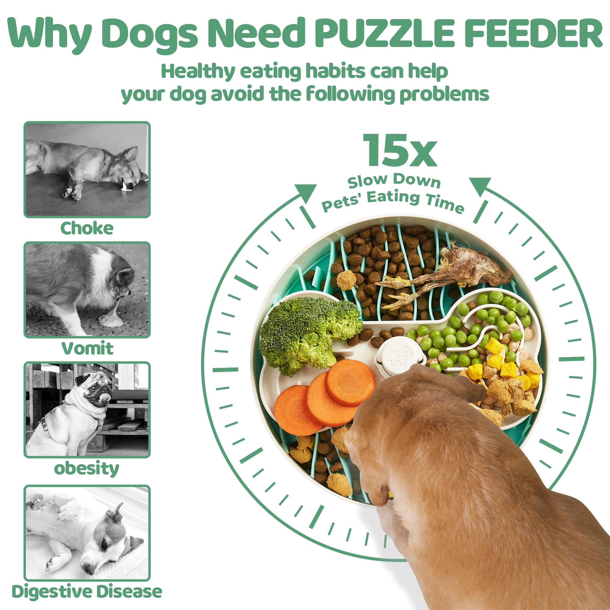 Slow Feeder Dog Bowl for Large Dogs with Non-Slip Base - Adjustable Speed Design, Removable Puzzle Inserts & Dishwasher Safe, Green