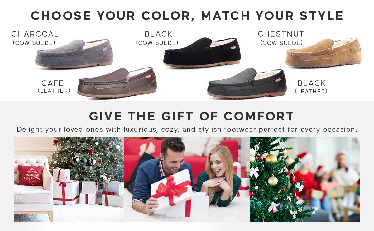 Men's Indoor Outdoor Sheepskin Moccasins Slippers Memory Foam Driving Style Shoes(ASHFORTH)