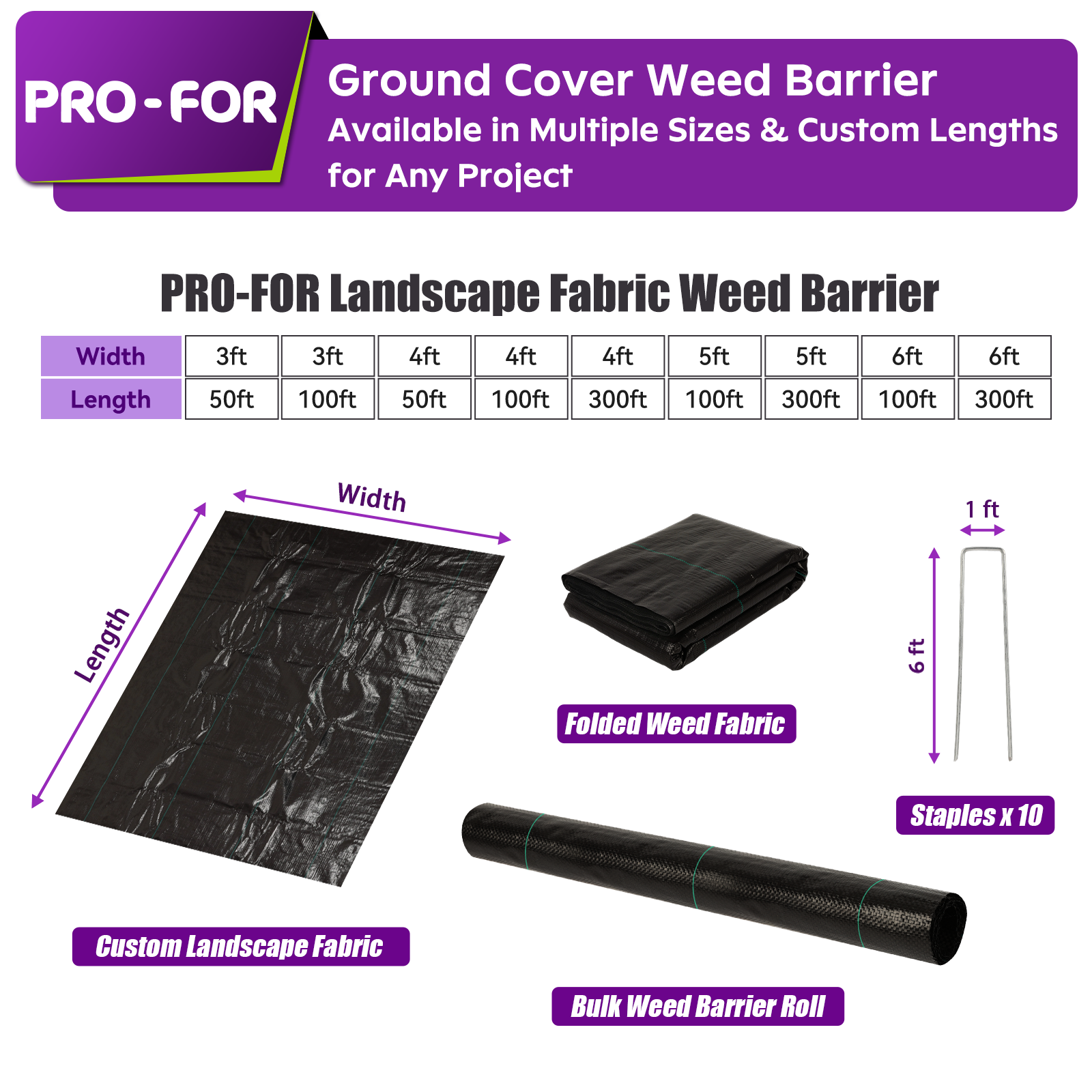 3.2oz Heavy Duty Weed Barrier Landscape Fabric – Premium Woven Ground Cover for Gardening, Farming & Driveways, Breathable Weed Control Cloth with 10 U-Shaped Securing Pegs