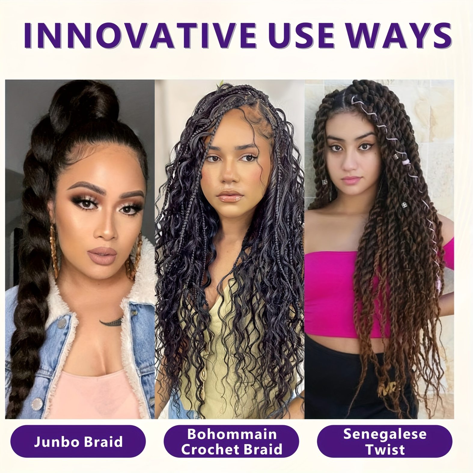 Jumbo Braiding Hair Fiber Mix Four Silky Colorful Twist Braiding Hair 3pcs Rainbow Colors Extensions Synthetic Hair Synthetic Fiber Soft Healthy，Long Jumbo Braiding Hair Extensions, Heat Resistant Synthetic Fiber purple hair extensions
