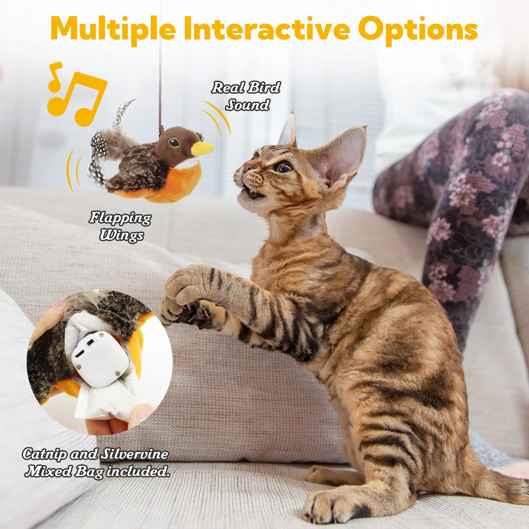 PETFUTURE Flapping Bird Cat Toy, Motion Activated with Catnip, 3 Modes & USB Rechargeable, Machine Washable Interactive Toy for Indoor Cats