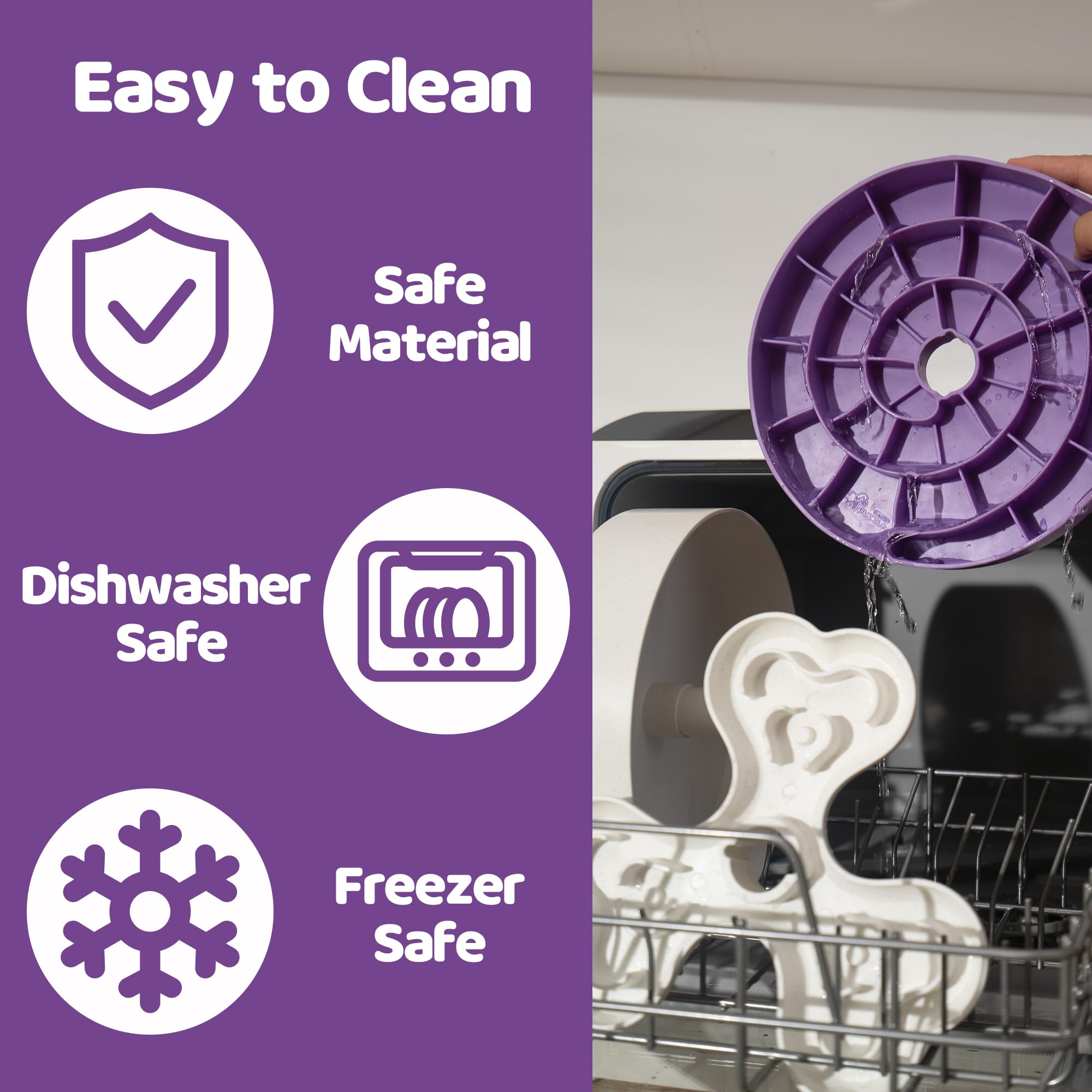 Slow Feeder Dog Bowl for Large Dogs with Non-Slip Base - Adjustable Speed Design, Removable Puzzle Inserts & Dishwasher Safe, Purple
