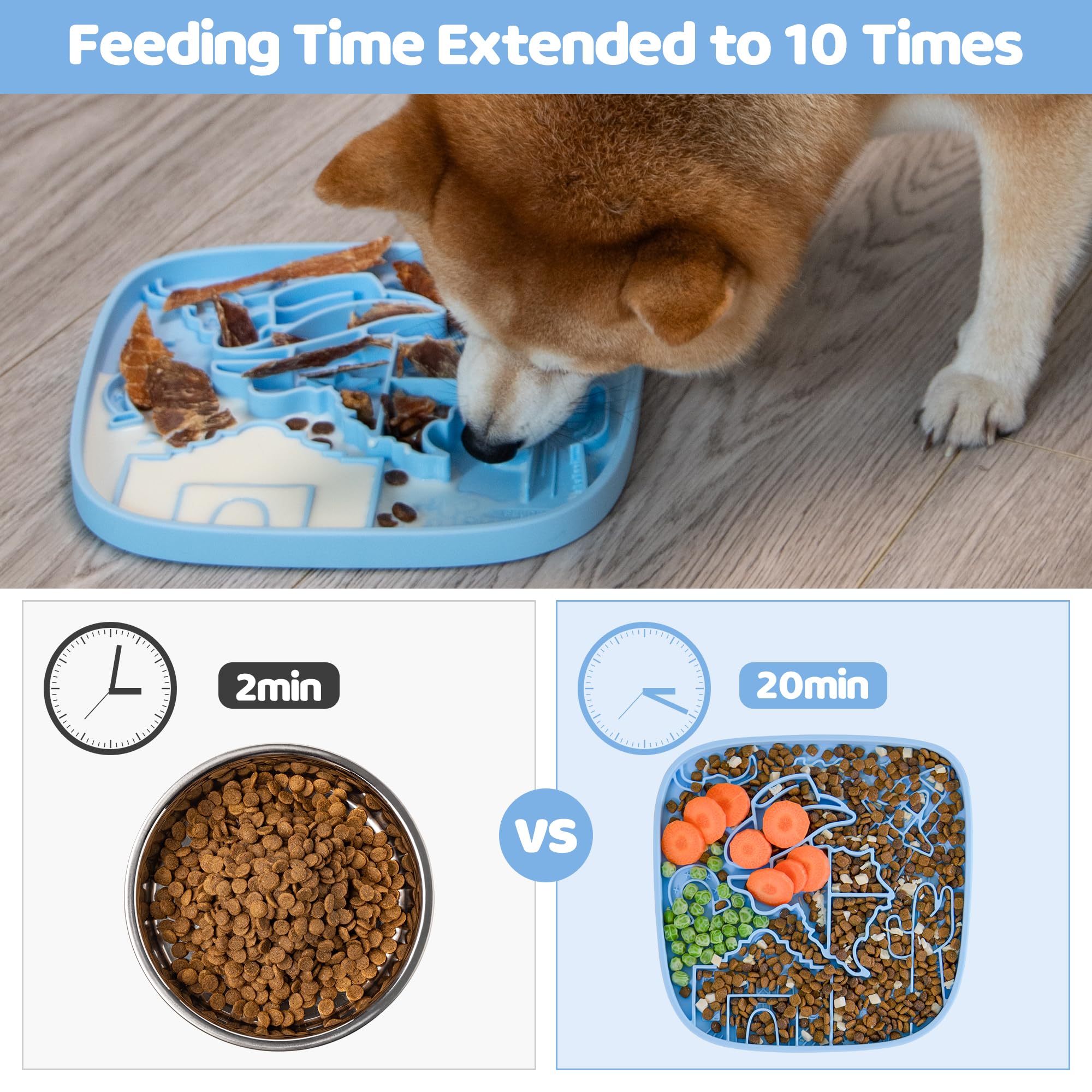 Snuffle Mat and Lick Mat for Dogs,Texas Textured Slow Feeder, 0.75 Inch Thin Silicone Mat Holds 3 Cups, Dishwasher and Microwave Safe, Blue