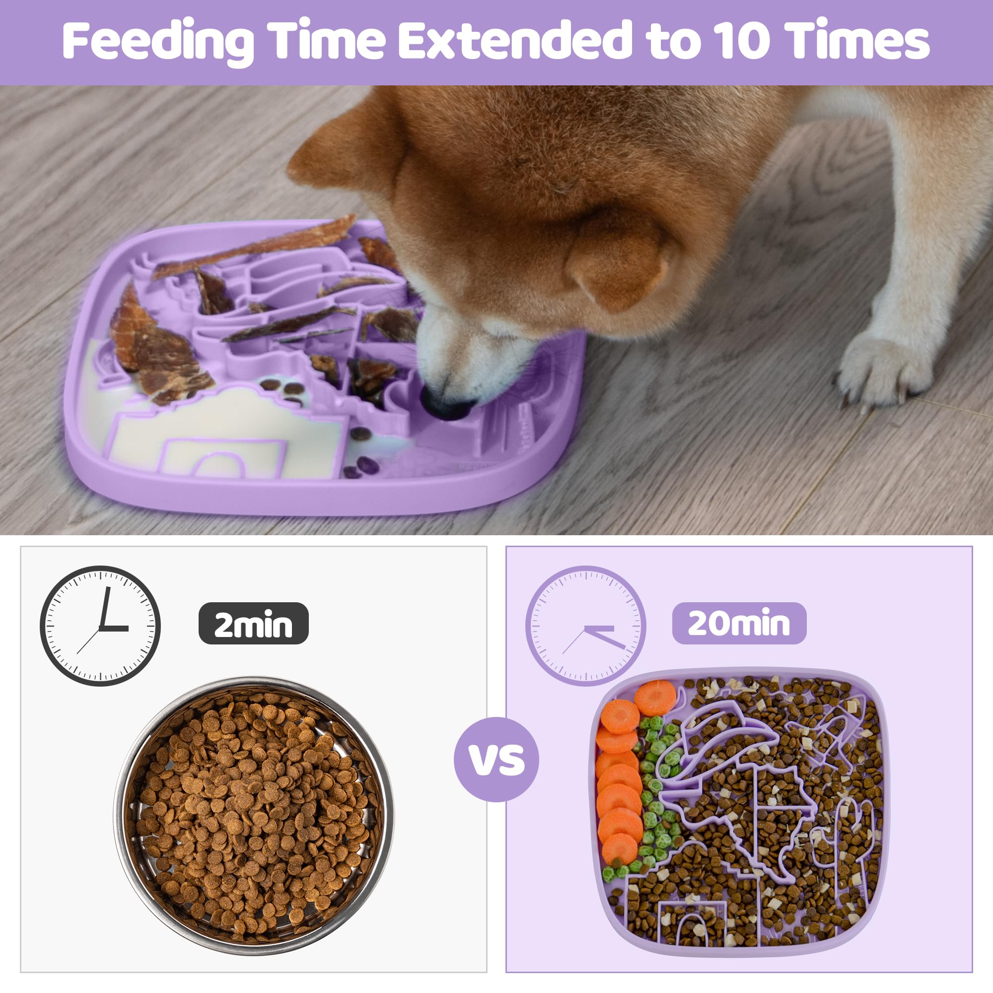 Snuffle Mat and Lick Mat for Dogs,Texas Textured Slow Feeder, 0.75 Inch Thin Silicone Mat Holds 3 Cups, Dishwasher and Microwave Safe, Purple