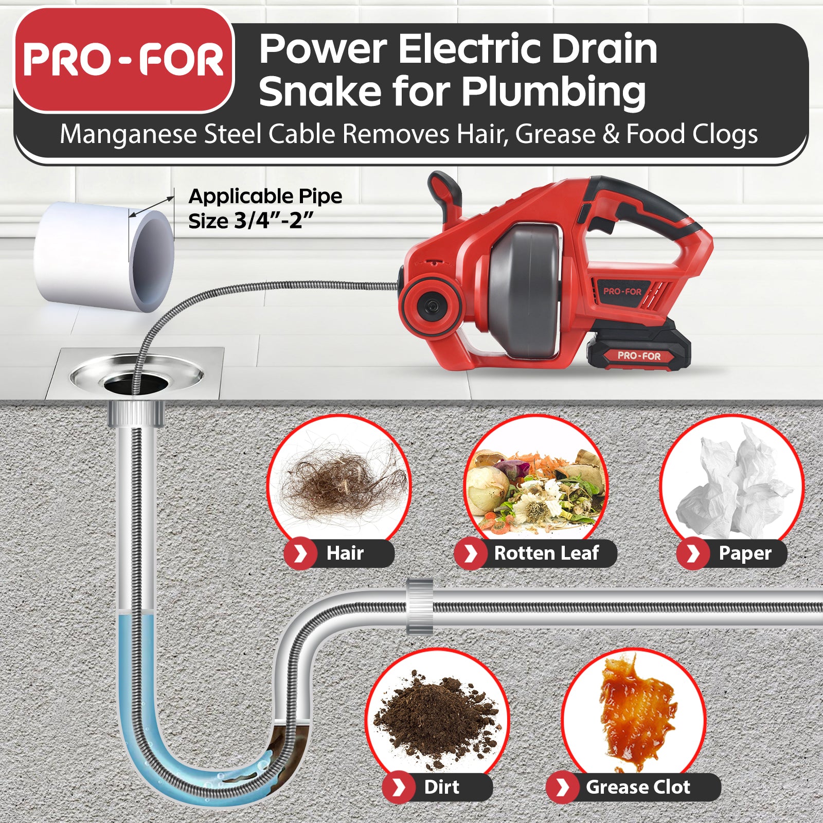 20V Drain Cleaner A103-CDC501-18 Cordless Electric Drain Auger, 25Ft Auto-Feed Drain Snake, Replaceable Cable, 2.0Ah Battery &amp; Charger, LED Light, Clog Remover for Sink, Shower, Kitchen, Bathroom Pipes (3/4"-2")
