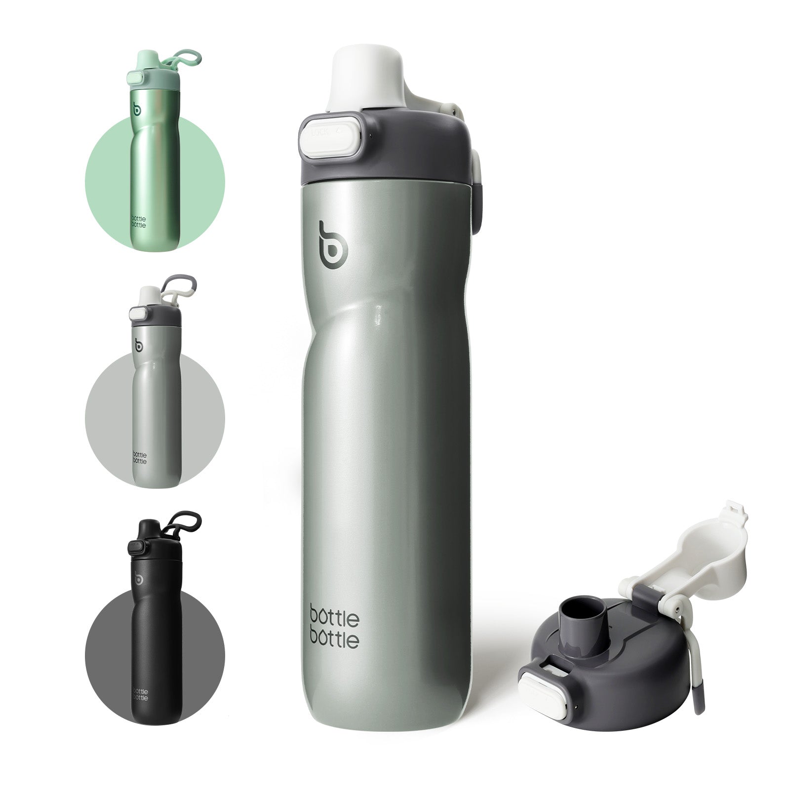 Insulated Water Bottle 24 oz with Handle and Flip Tops Lids Stainless Steel Water Bottle Push Button Lid Leak proof Portable for Running Travel Sports Hiking