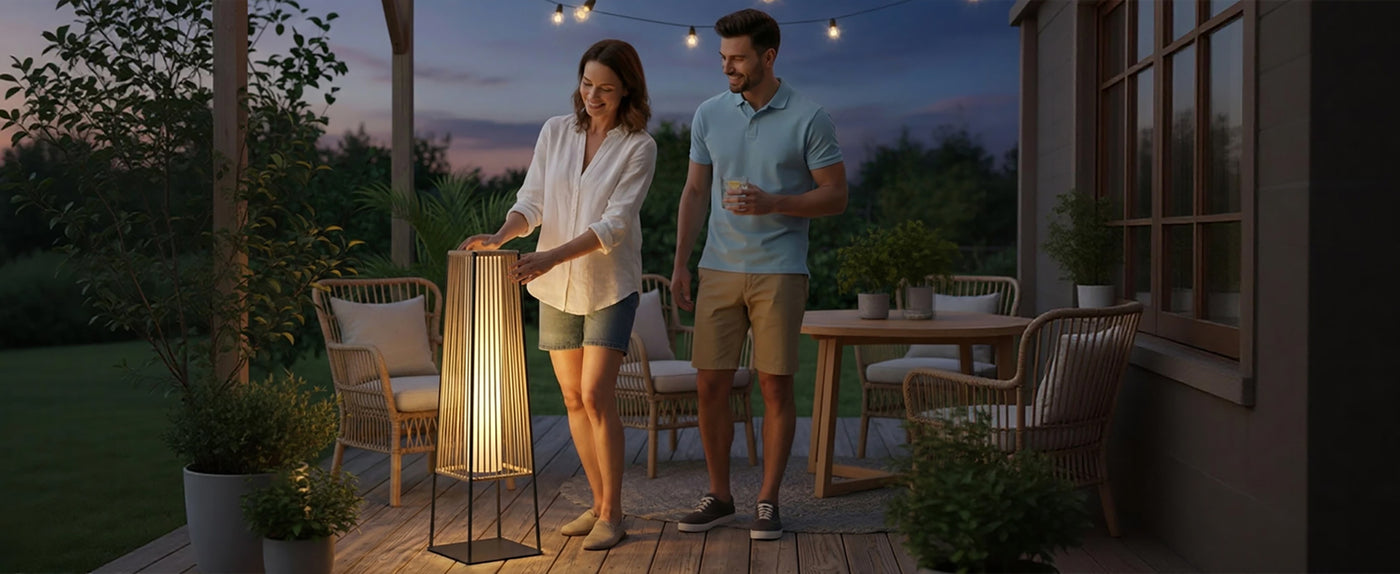 Outdoor Floor Lamp Set of 2, Rattan Solar Lanterns Outdoor Waterproof for Balcony, Deck, Garden & Patio (Natural)