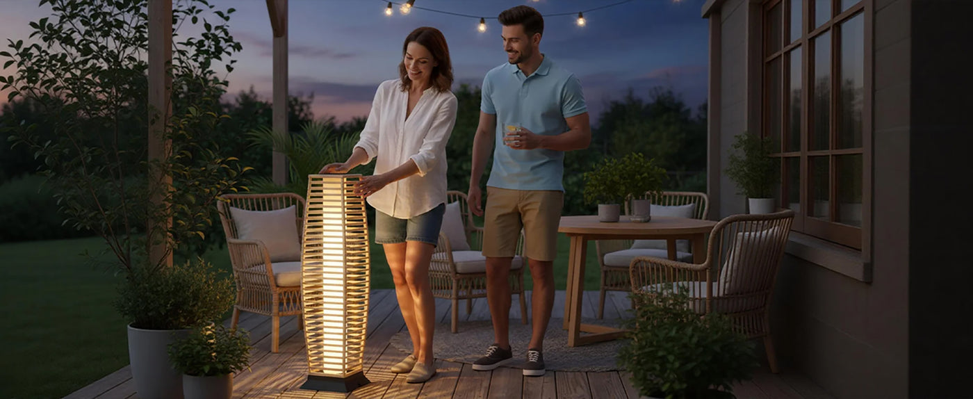 Rattan Outdoor Floor Lamp Set of 2, Boho Solar Porch Lights Outdoor Waterproof for Patio, Garden, Balcony & Deck, Natural (Horizontal)