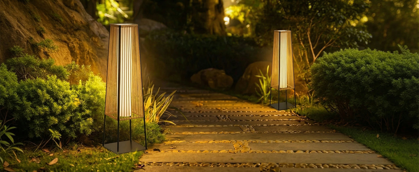 Outdoor Floor Lamp Set of 2, Rattan Solar Lanterns Outdoor Waterproof for Balcony, Deck, Garden & Patio (Natural)