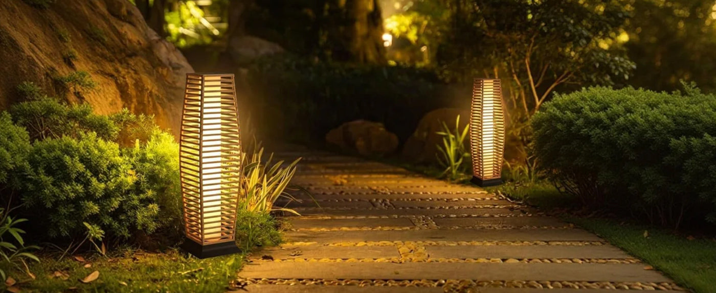 Rattan Outdoor Floor Lamp Set of 2, Boho Solar Porch Lights Outdoor Waterproof for Patio, Garden, Balcony & Deck, Natural (Horizontal)