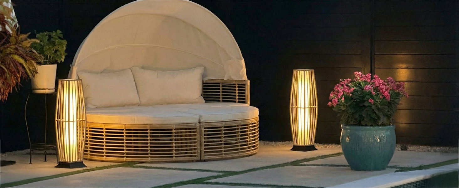 Rattan Outdoor Floor Lamp Set of 2, Boho Solar Porch Lights Outdoor Waterproof for Patio, Garden, Balcony & Deck, Natural (Vertical)