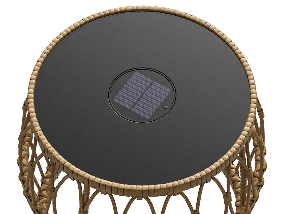 Solar Outdoor Side Table Set of 2, Boho Nesting Tables with Integrated Lighting, Round Rattan Coffee Tables for Patio, Balcony, Poolside & Porch