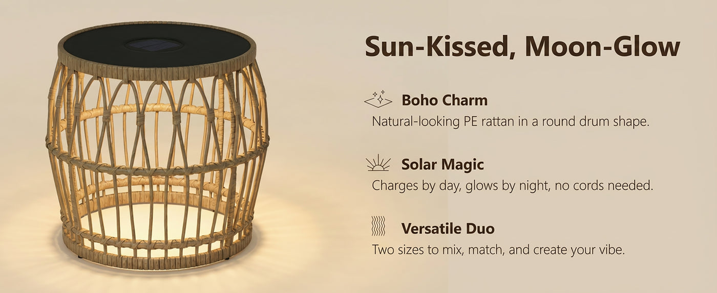 Solar Outdoor Side Table Set of 2, Boho Nesting Tables with Integrated Lighting, Round Rattan Coffee Tables for Patio, Balcony, Poolside & Porch