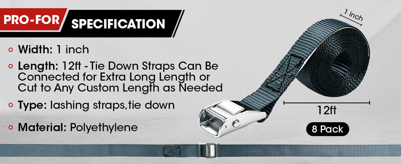 Cam Buckle Tie Down Straps, 1" x 12FT 8 Pack, 600 lbs Break Strength – Heavy Duty Adjustable Lashing Straps with Carry Bag for Luggage, Cargo, Motorcycle, Kayak, Truck, Car Roof Rack