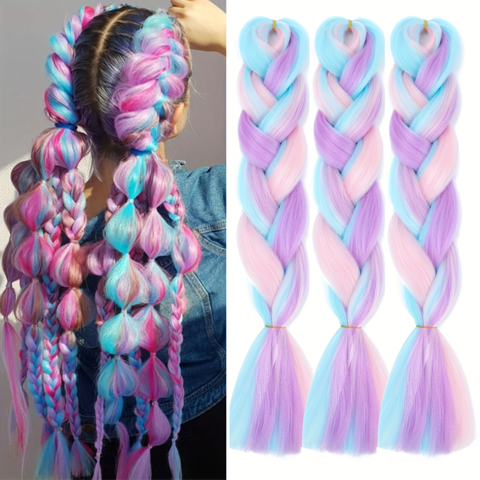 Jumbo Braiding Hair Fiber Mix Four Silky Colorful Twist Braiding Hair 3pcs Rainbow Colors Extensions Synthetic Hair Synthetic Fiber Soft Healthy，Long Jumbo Braiding Hair Extensions, Heat Resistant Synthetic Fiber purple hair extensions