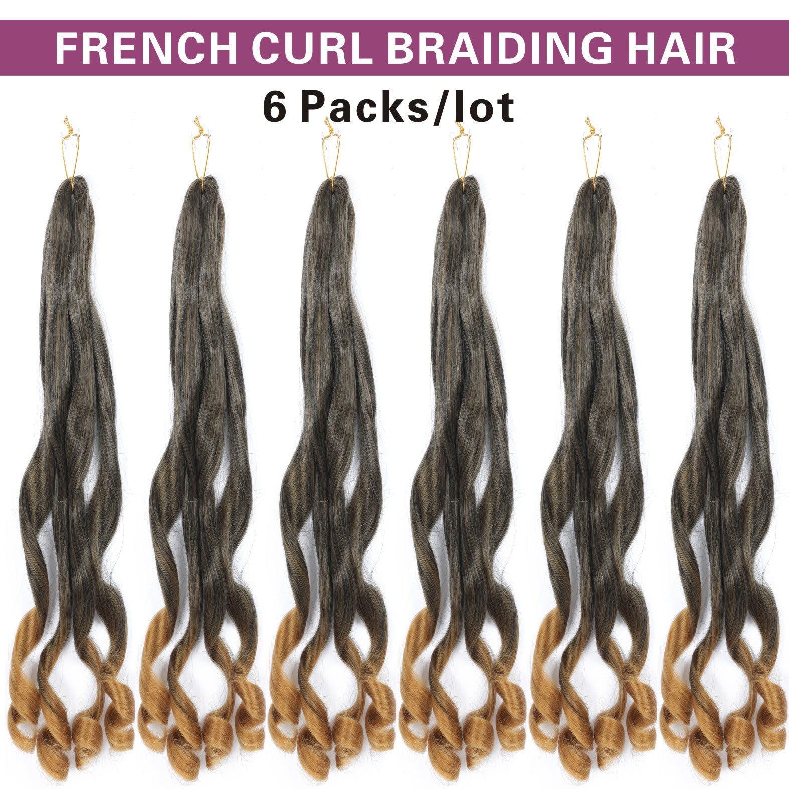 French Curly Braiding Hair 14/16 Inch 6 Packs Pre Stretched Braiding Hair EZ Braids Crochet Hair Ombre Brown Synthetic Bouncy Loose Curly Braiding Hair Extensions for Women
