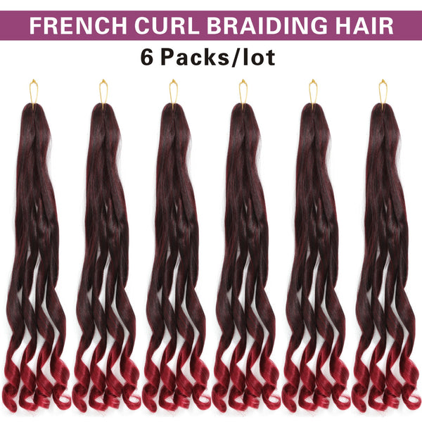 6 Packs French Curl Braiding Hair Pre Stretched 14/16 Inch Bouncy French Curly Braiding Hair Loose Wavy Ombre Burgundy French Curl Crochet Braids Hair for Women