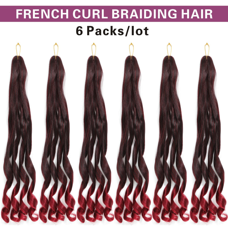 6 Packs French Curl Braiding Hair Pre Stretched 14/16 Inch Bouncy French Curly Braiding Hair Loose Wavy Ombre Burgundy French Curl Crochet Braids Hair for Women