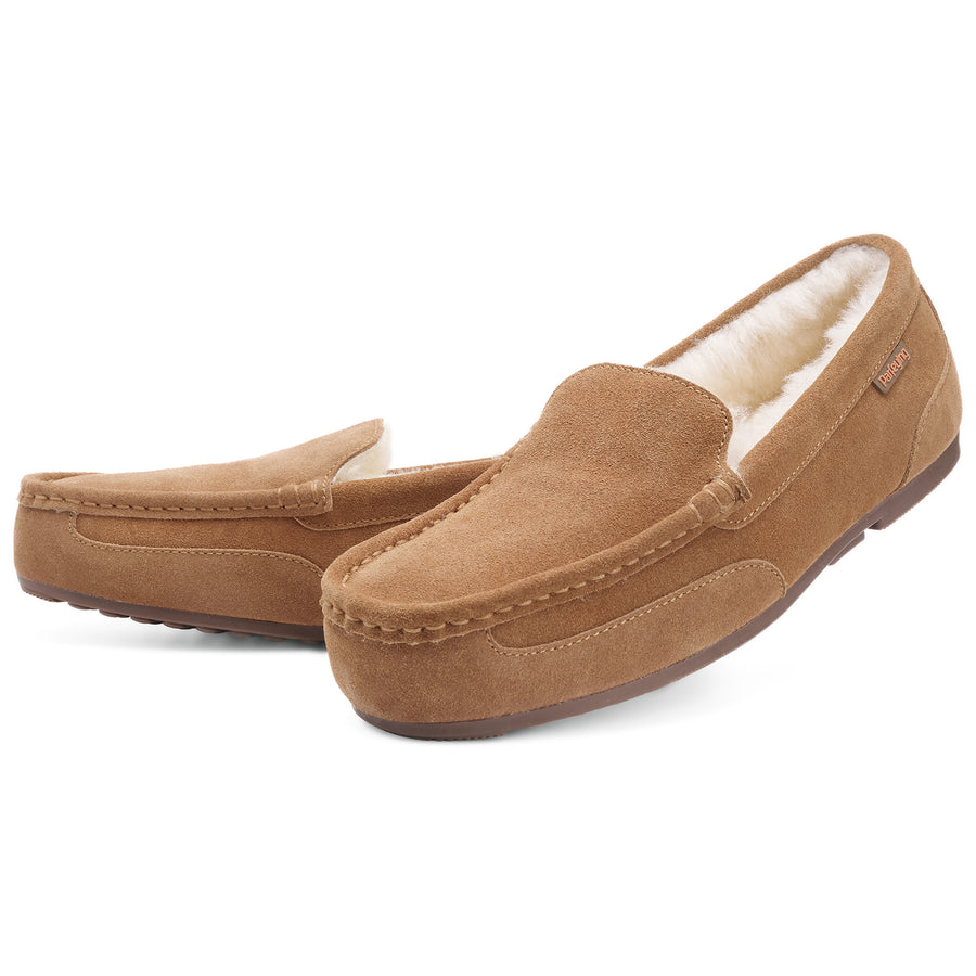 Men's Indoor Outdoor Sheepskin Moccasins Slippers Memory Foam Driving Style Shoes(ASHFORTH)