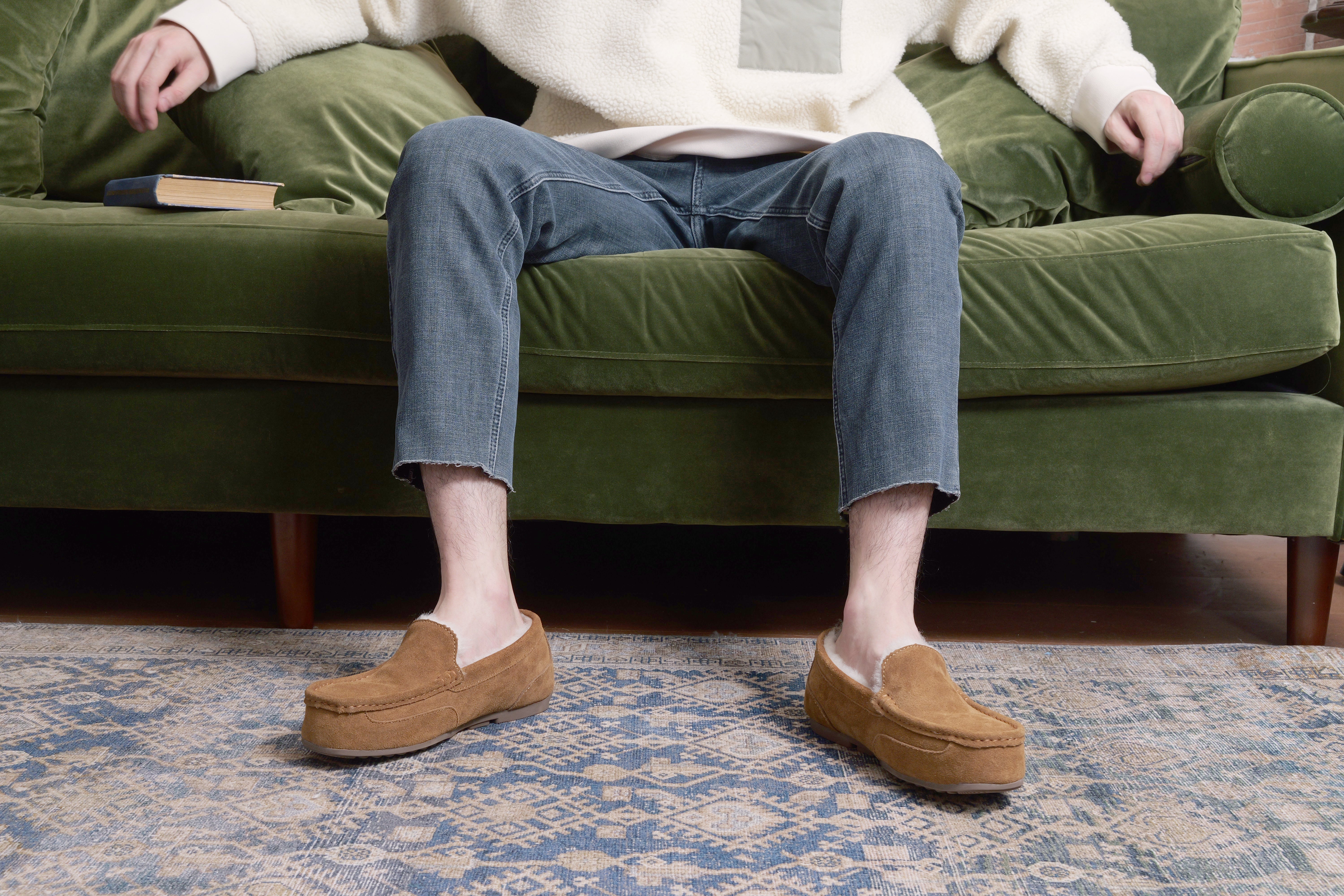 Men's Indoor Outdoor Sheepskin Moccasins Slippers Memory Foam Driving Style Shoes(ASHFORTH)
