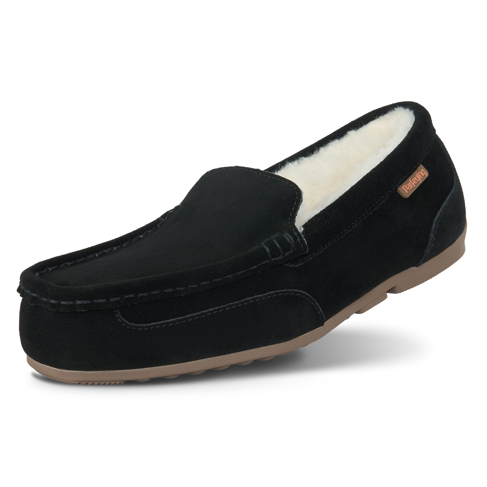 PARFEYING Men's Cozy Australian Sheepskin Suede Moccasin Slippers
