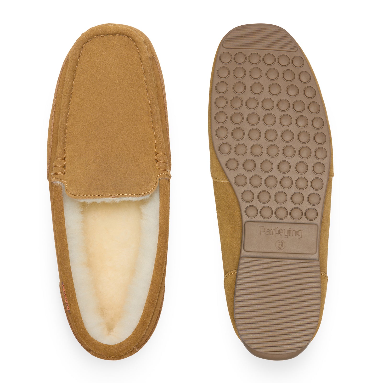 PARFEYING Men's Cozy Australian Sheepskin Suede Moccasin Slippers