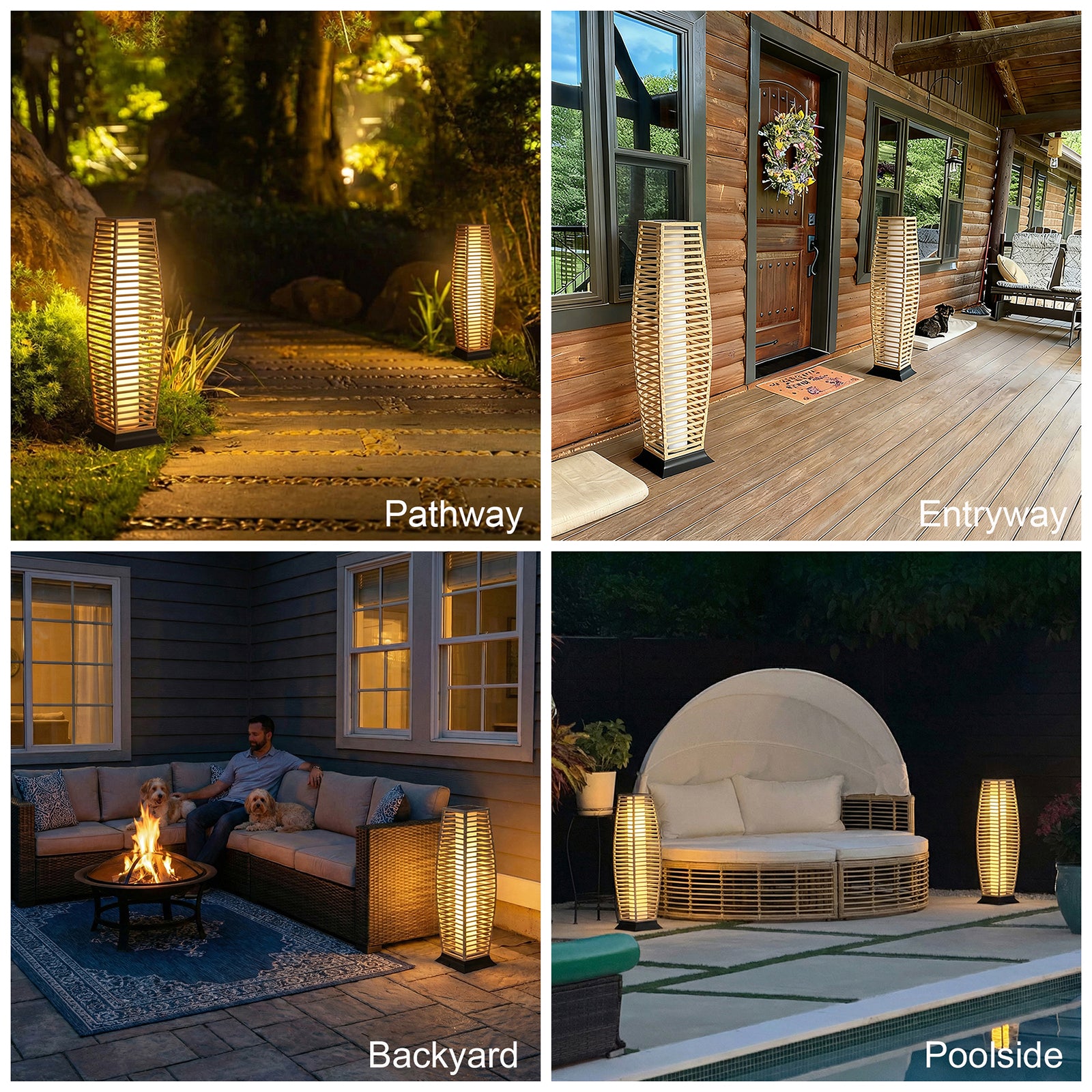 Rattan Outdoor Floor Lamp Set of 2, Boho Solar Porch Lights Outdoor Waterproof for Patio, Garden, Balcony & Deck, Natural (Horizontal)