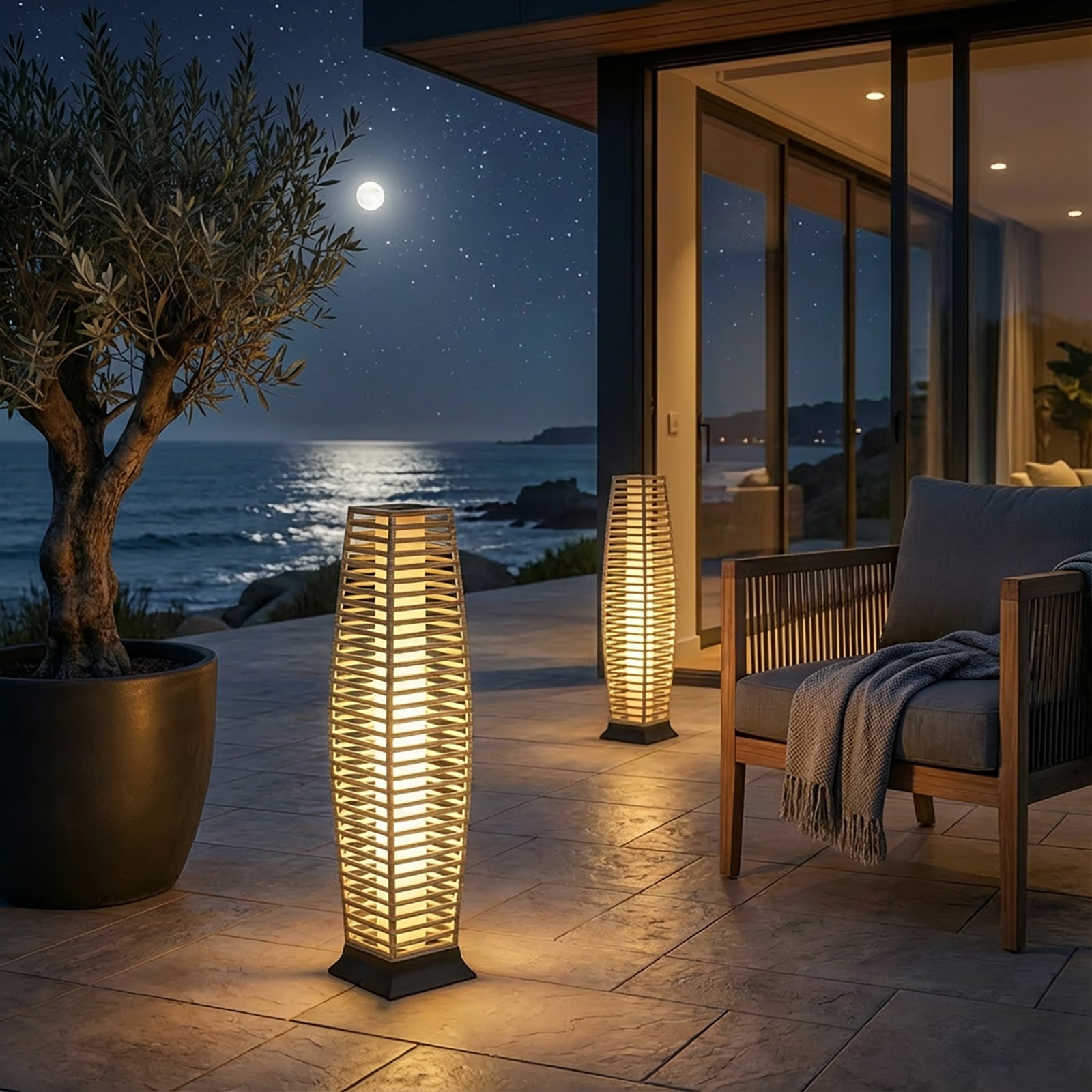 Rattan Outdoor Floor Lamp Set of 2, Boho Solar Porch Lights Outdoor Waterproof for Patio, Garden, Balcony & Deck, Natural (Horizontal)