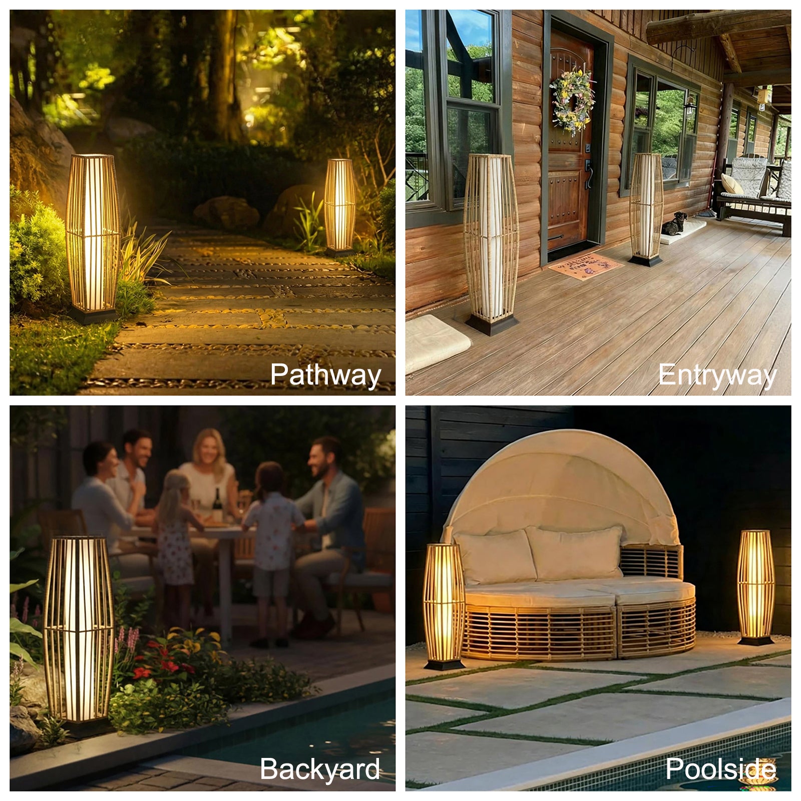 Rattan Outdoor Floor Lamp Set of 2, Boho Solar Porch Lights Outdoor Waterproof for Patio, Garden, Balcony & Deck, Natural (Vertical)