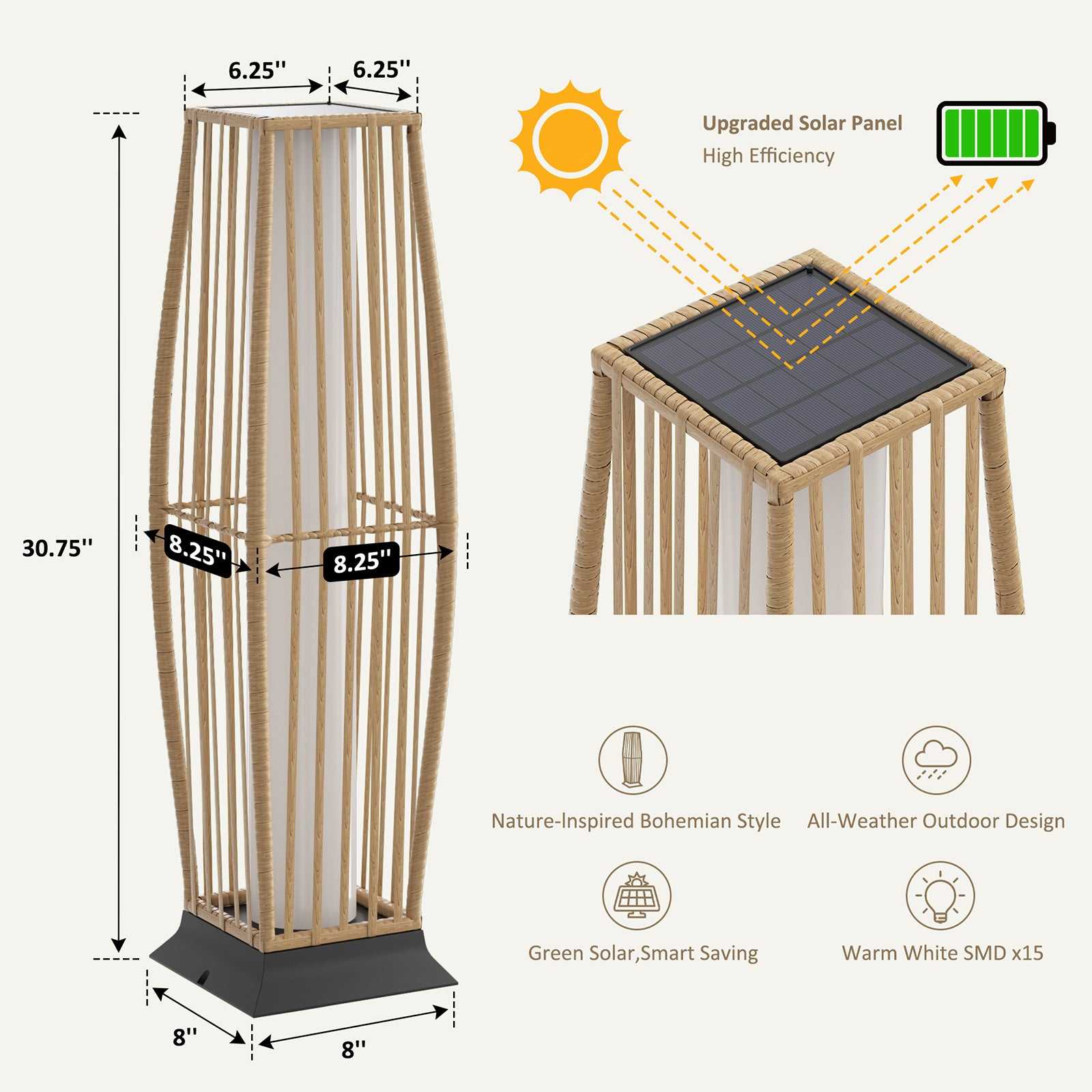 Rattan Outdoor Floor Lamp Set of 2, Boho Solar Porch Lights Outdoor Waterproof for Patio, Garden, Balcony & Deck, Natural (Vertical)