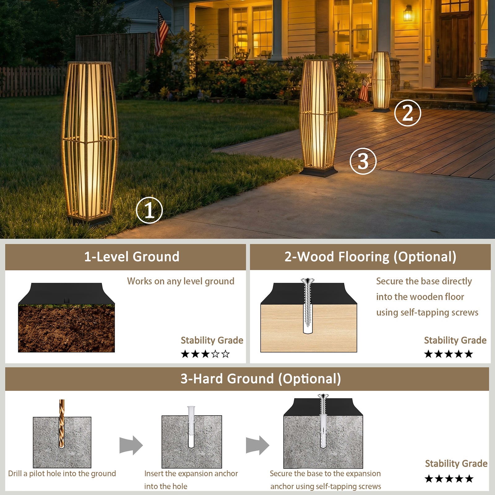 Rattan Outdoor Floor Lamp Set of 2, Boho Solar Porch Lights Outdoor Waterproof for Patio, Garden, Balcony & Deck, Natural (Vertical)