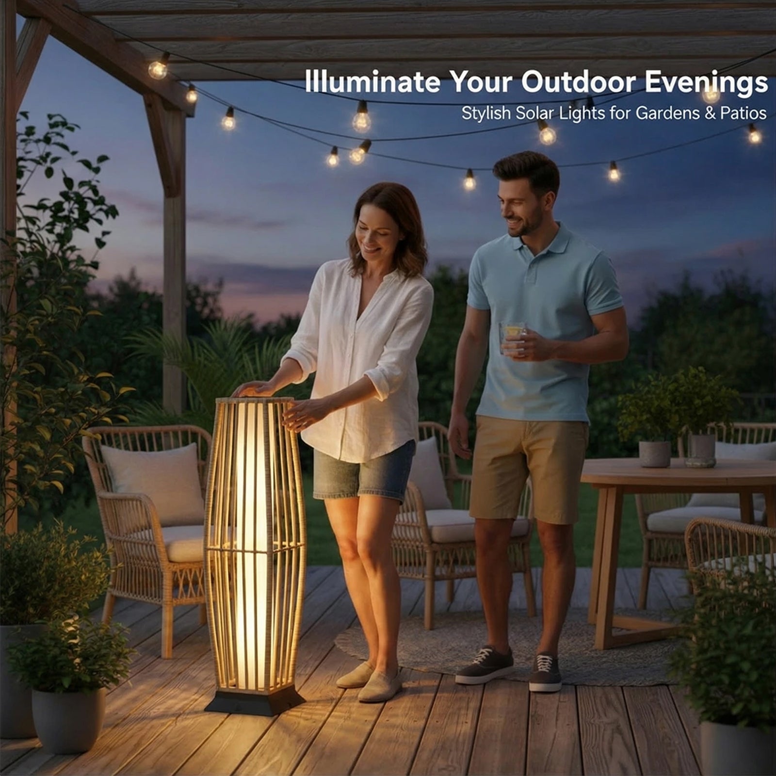 Rattan Outdoor Floor Lamp Set of 2, Boho Solar Porch Lights Outdoor Waterproof for Patio, Garden, Balcony & Deck, Natural (Vertical)