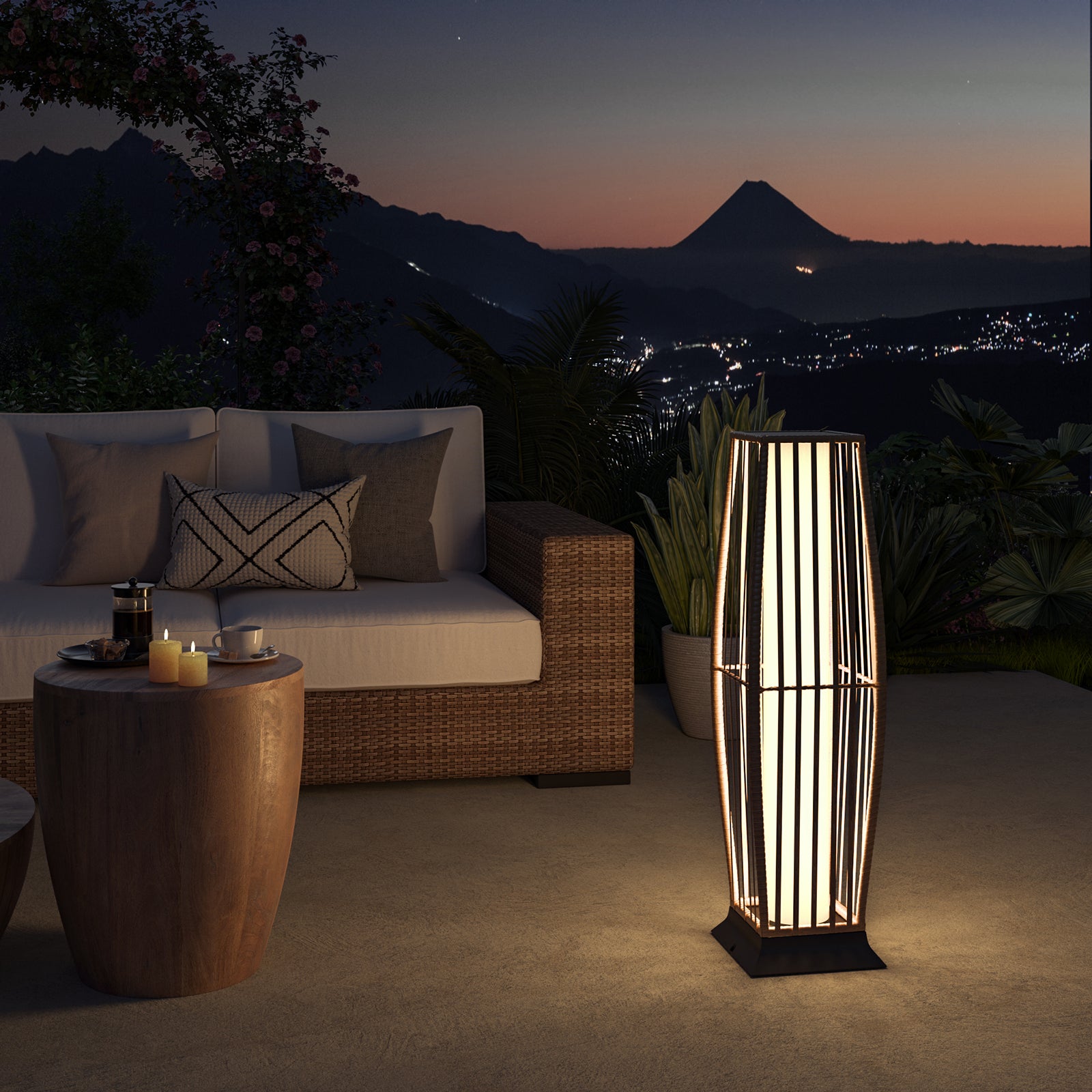 Rattan Outdoor Floor Lamp Set of 2, Boho Solar Porch Lights Outdoor Waterproof for Patio, Garden, Balcony & Deck, Natural (Vertical)