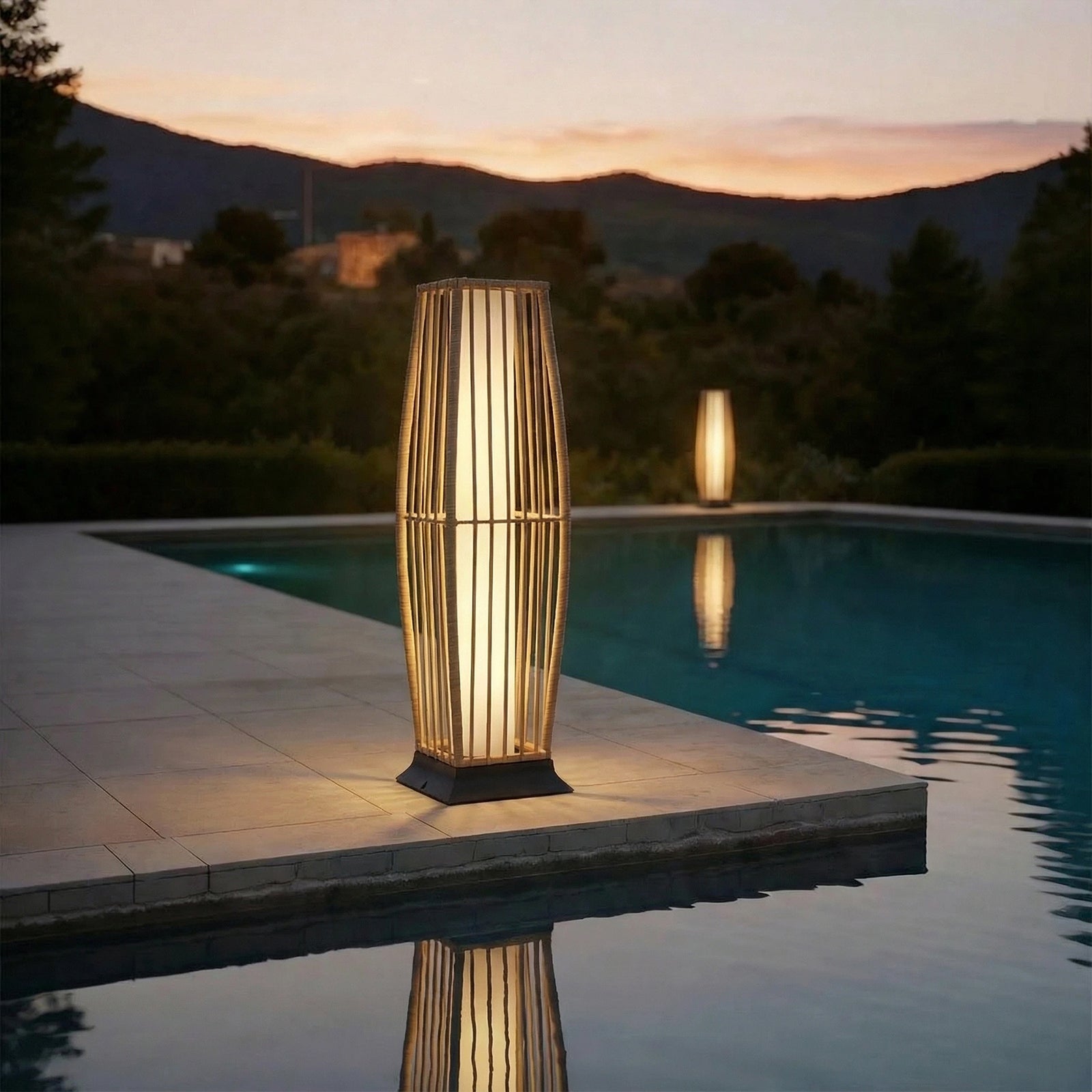 Rattan Outdoor Floor Lamp Set of 2, Boho Solar Porch Lights Outdoor Waterproof for Patio, Garden, Balcony & Deck, Natural (Vertical)
