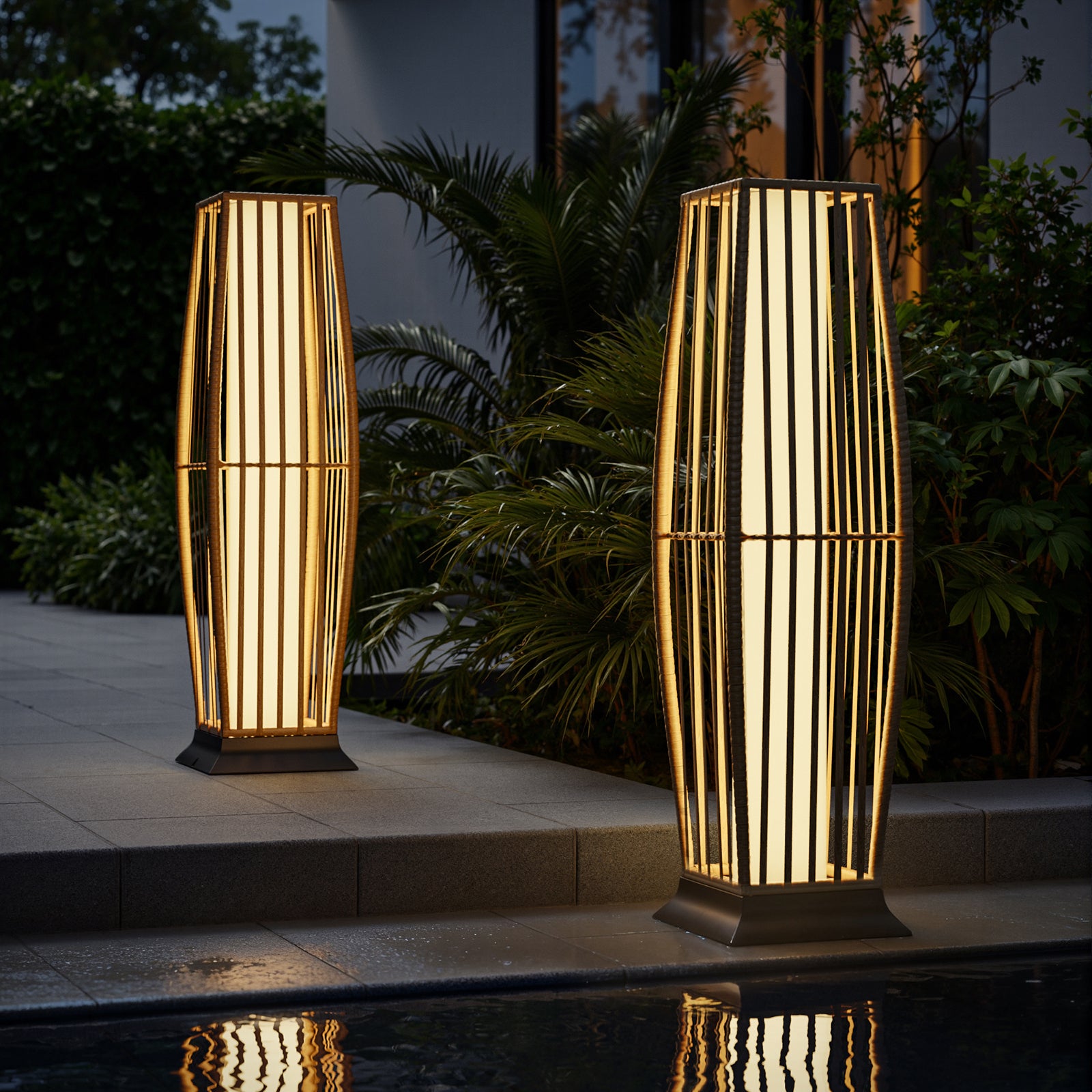 Rattan Outdoor Floor Lamp Set of 2, Boho Solar Porch Lights Outdoor Waterproof for Patio, Garden, Balcony & Deck, Natural (Vertical)