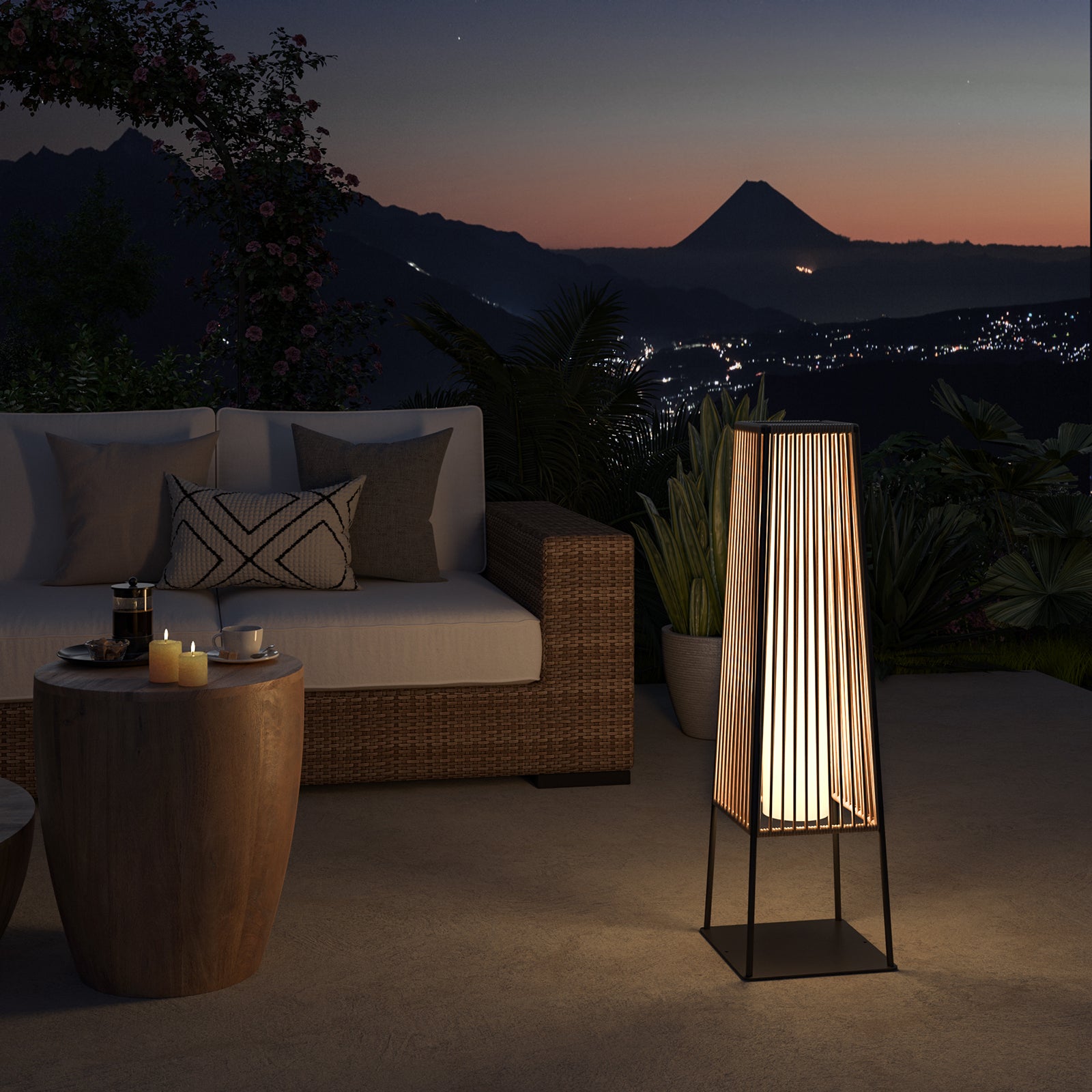 Outdoor Floor Lamp Set of 2, Rattan Solar Lanterns Outdoor Waterproof for Balcony, Deck, Garden & Patio (Natural)