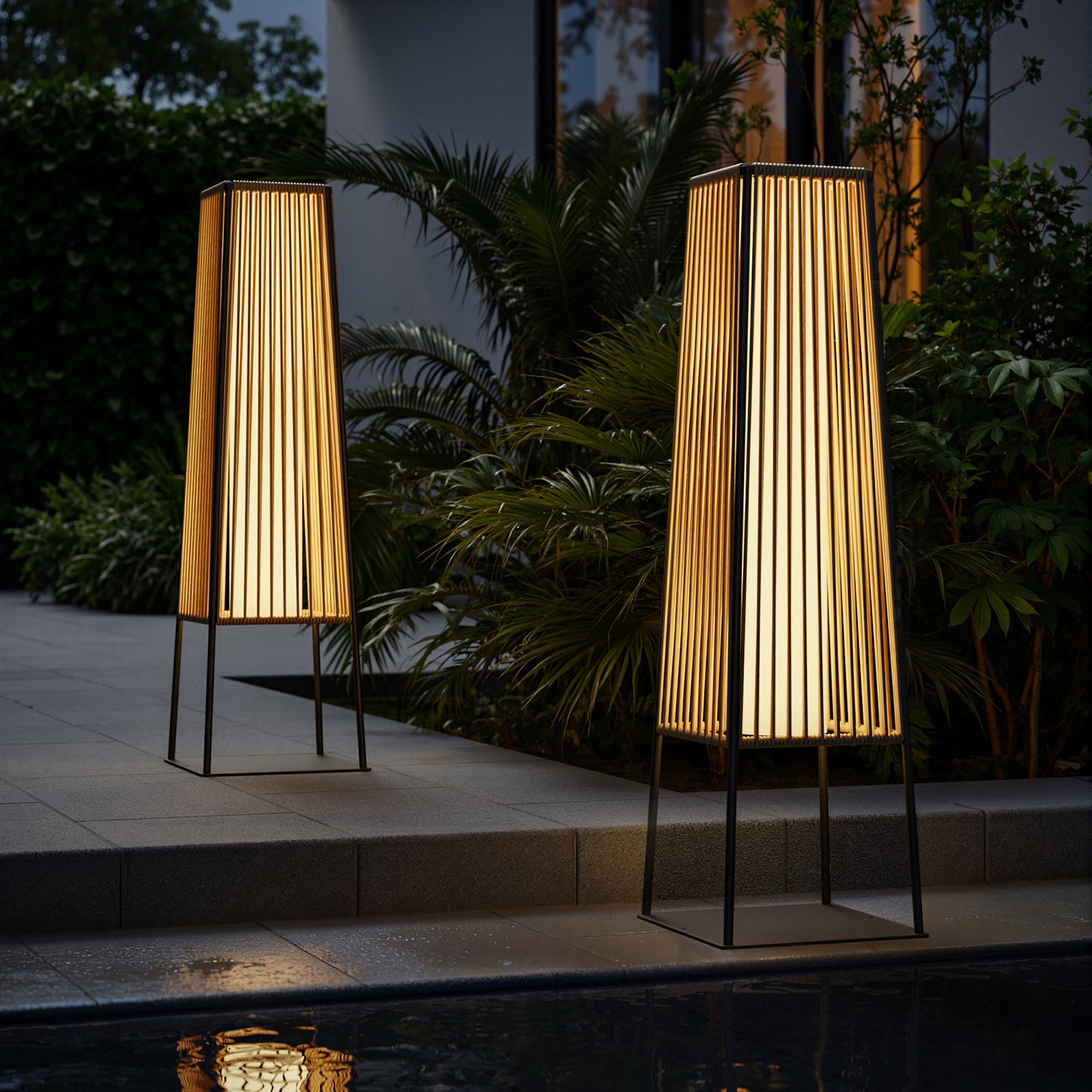 Outdoor Floor Lamp Set of 2, Rattan Solar Lanterns Outdoor Waterproof for Balcony, Deck, Garden & Patio (Natural)