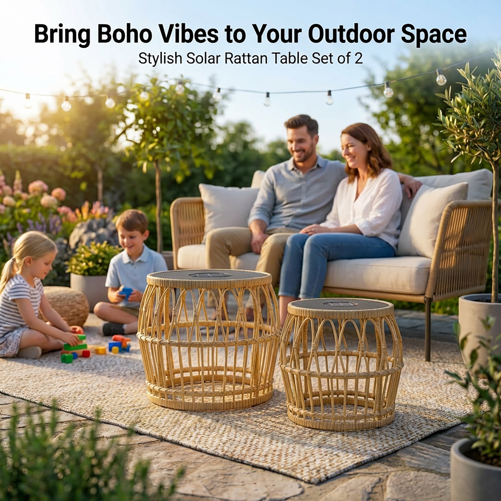 Solar Outdoor Side Table Set of 2, Boho Nesting Tables with Integrated Lighting, Round Rattan Coffee Tables for Patio, Balcony, Poolside & Porch