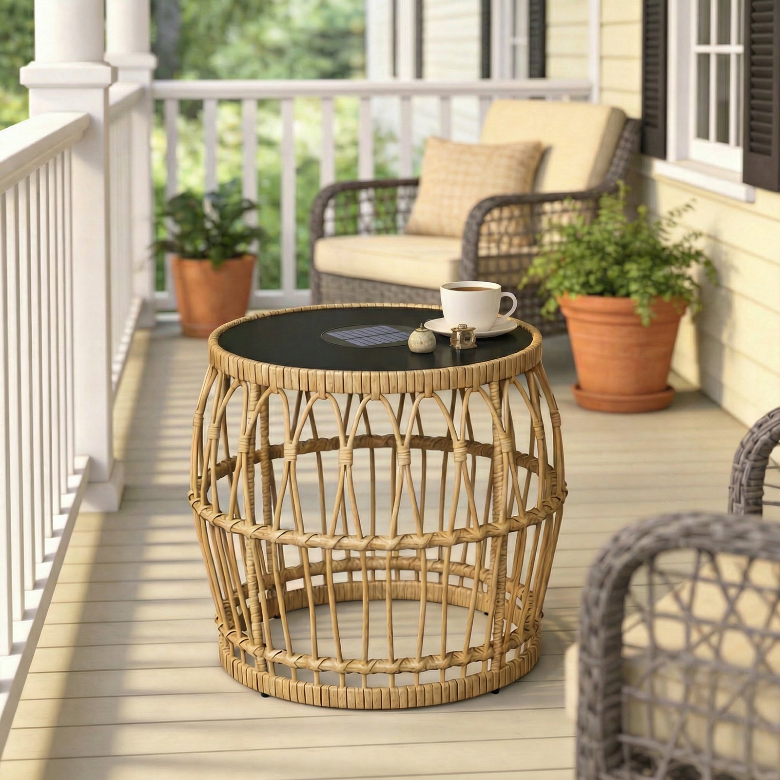 Solar Outdoor Side Table Set of 2, Boho Nesting Tables with Integrated Lighting, Round Rattan Coffee Tables for Patio, Balcony, Poolside & Porch