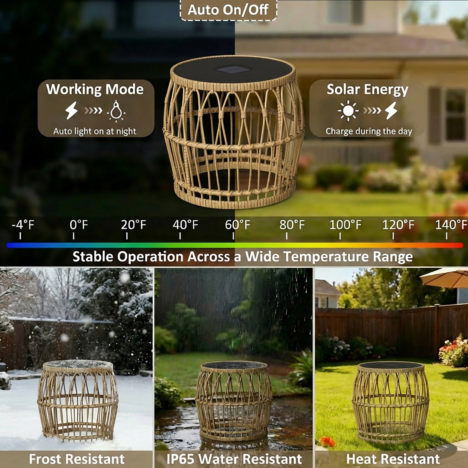 Solar Outdoor Side Table Set of 2, Boho Nesting Tables with Integrated Lighting, Round Rattan Coffee Tables for Patio, Balcony, Poolside & Porch